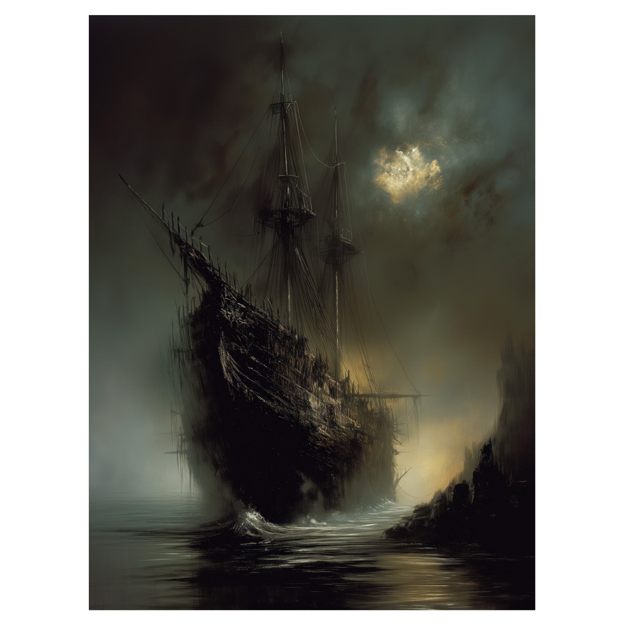 gothic ghost ship wall art print with spectral ship emerging through misty waters