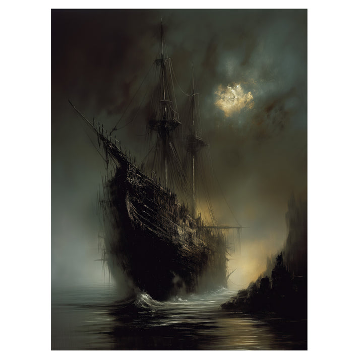 gothic ghost ship wall art print with spectral ship emerging through misty waters