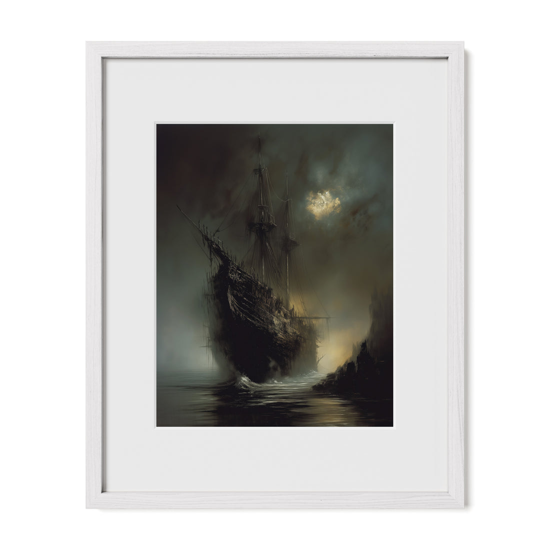 white framed moody ghost ship wall art print with mat