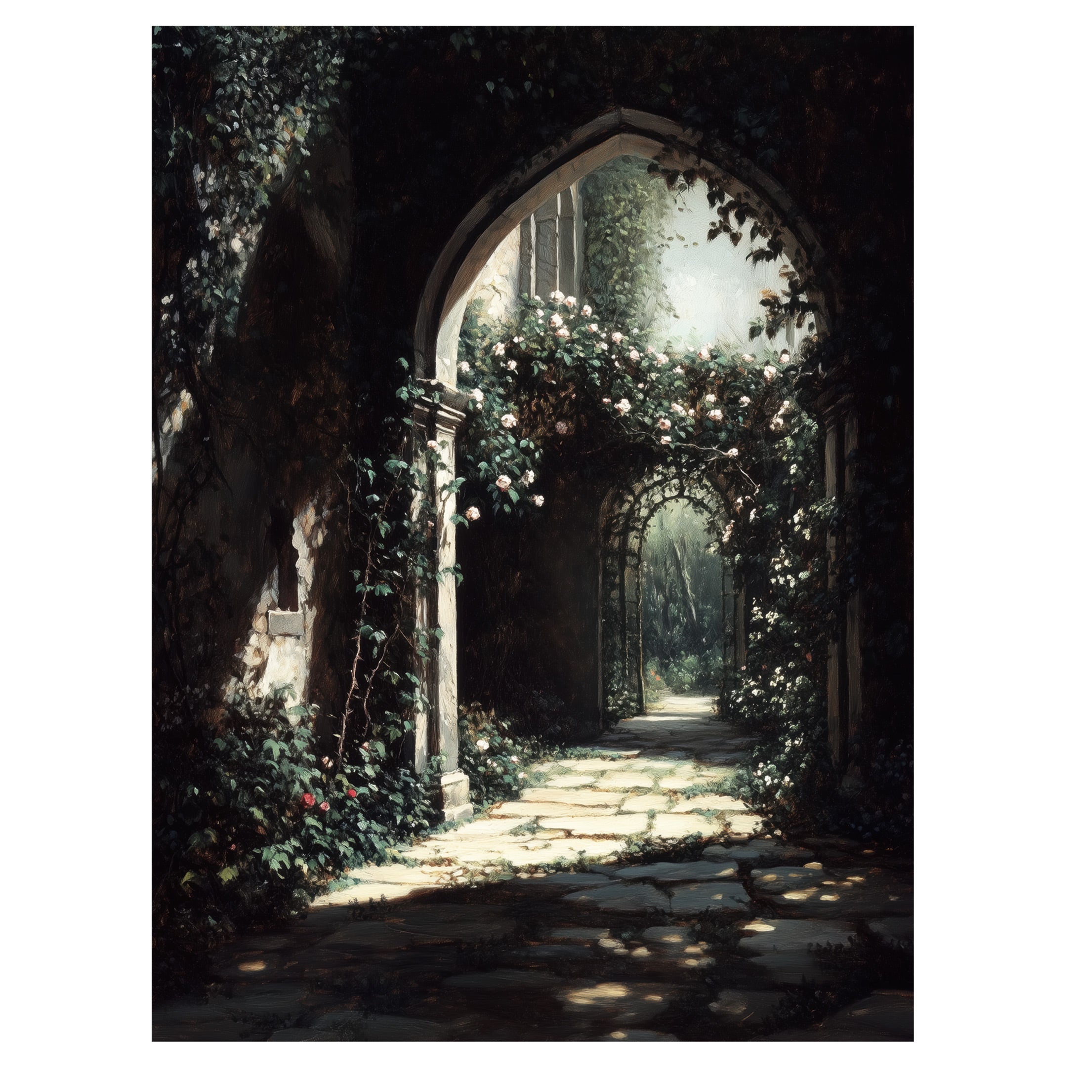 enchanted garden wall art print with vine-covered stone archway, romantic gothic pathway, old world garden decor
