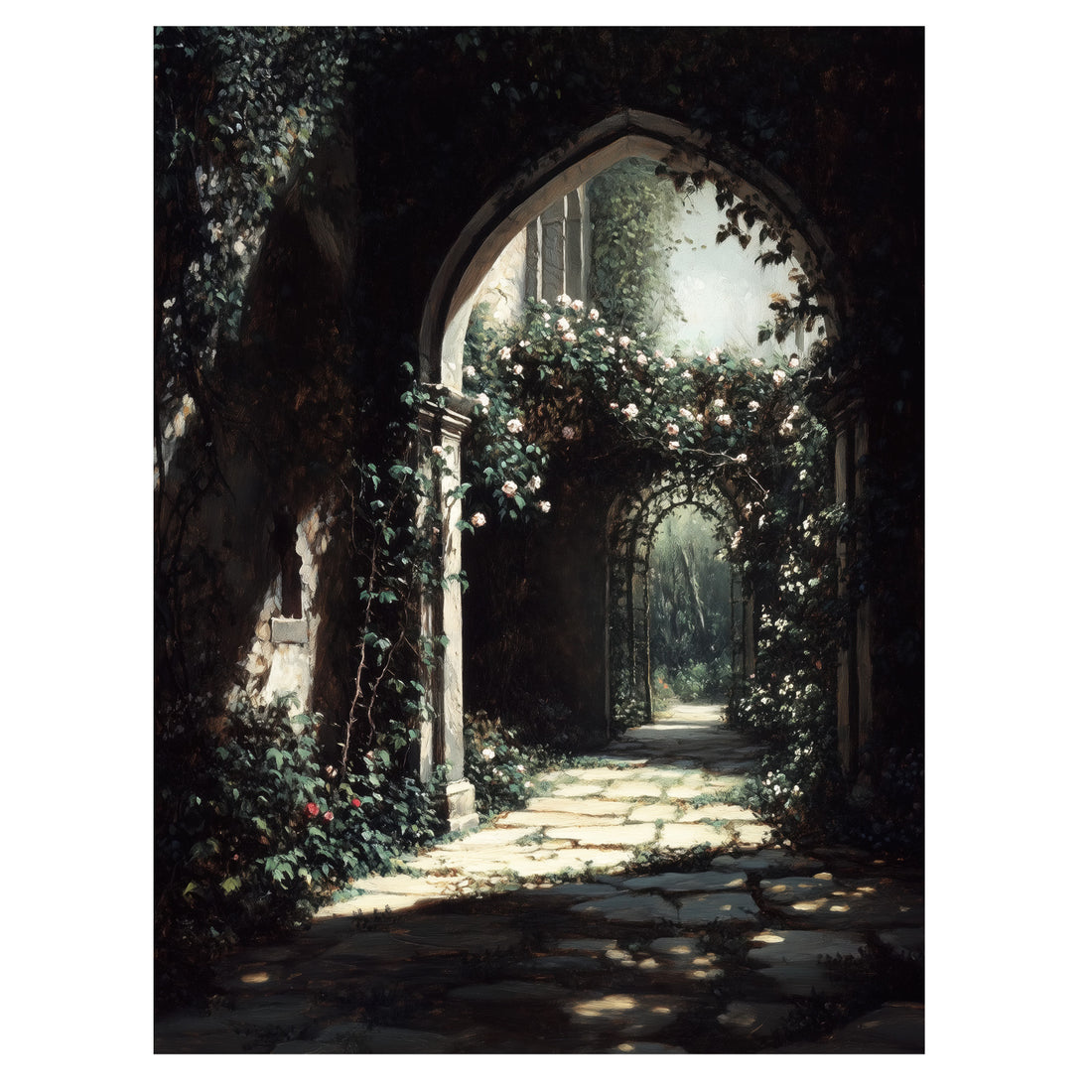enchanted garden wall art print with vine-covered stone archway, romantic gothic pathway, old world garden decor
