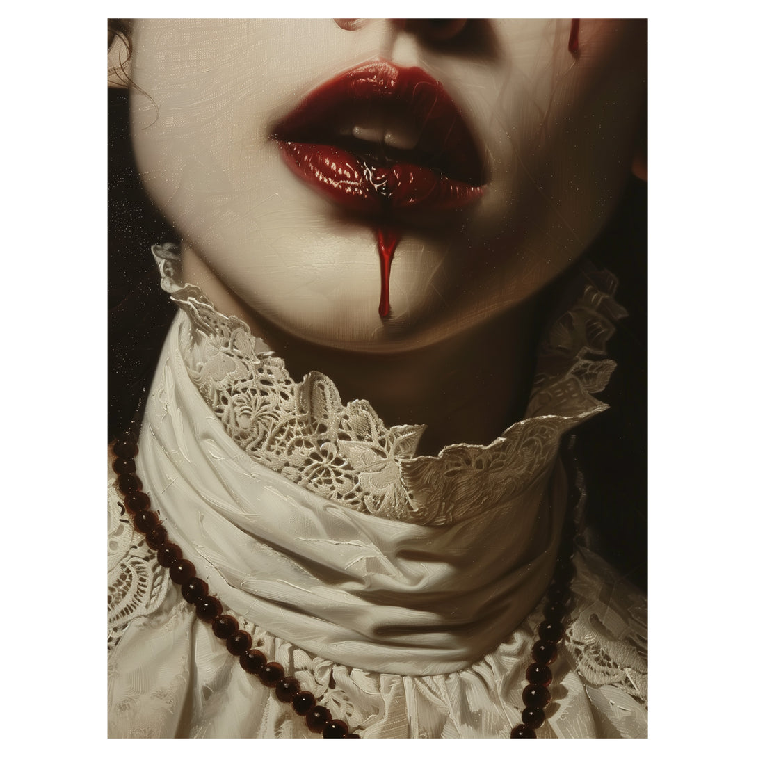gothic vampire portrait wall art print with crimson lips and Victorian lace collar