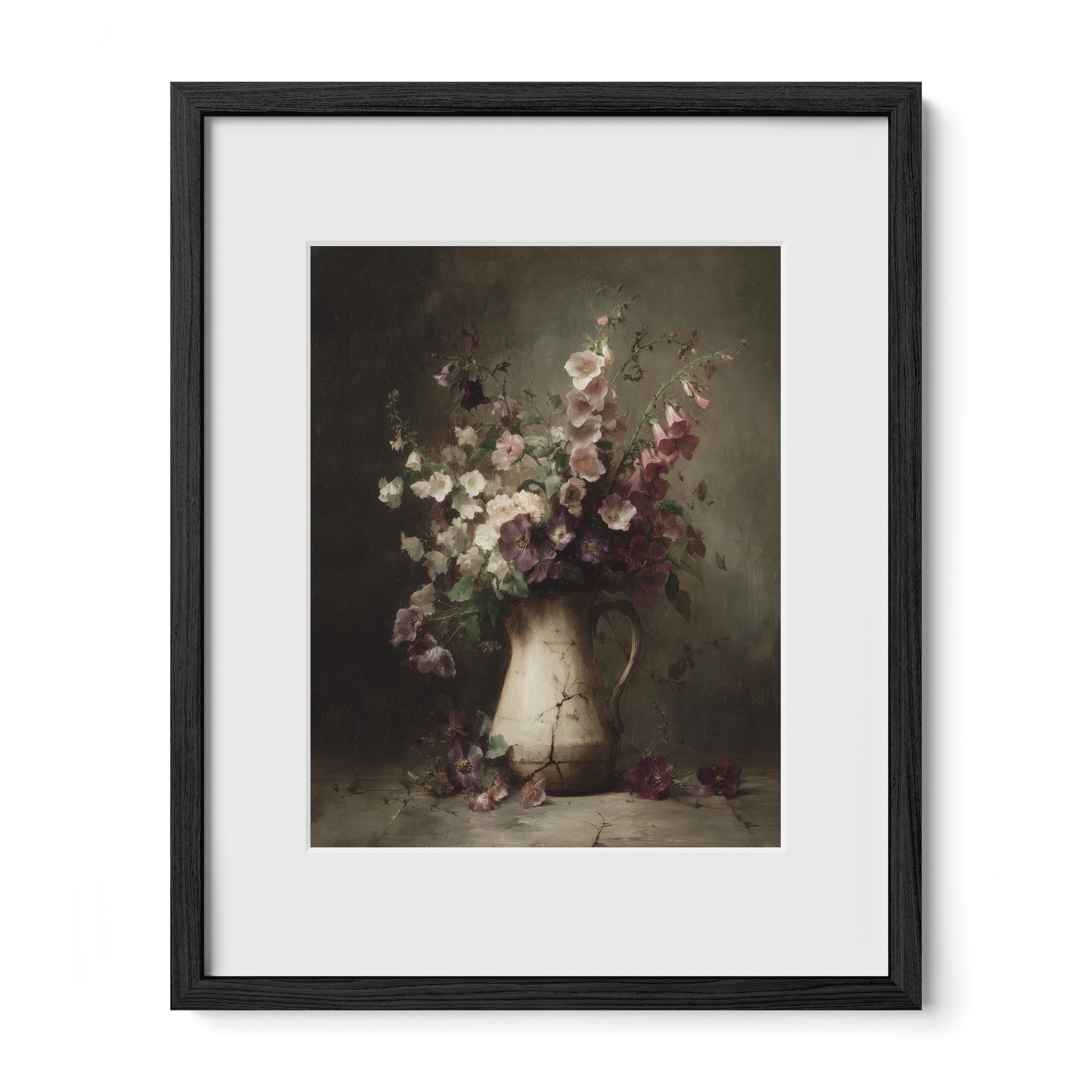 black framed floral jug wall art print with mat