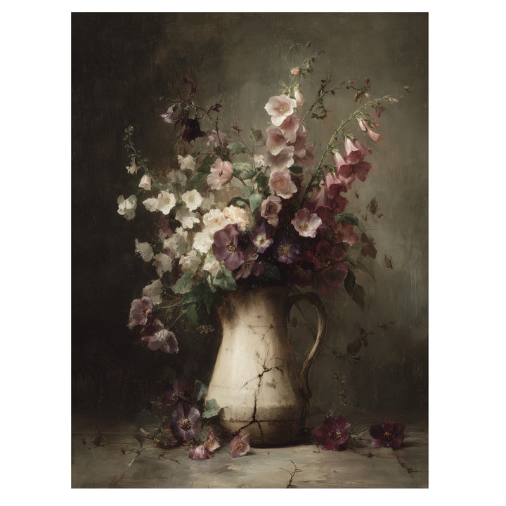cottagecore floral wall art print with field flowers arranged in simple vintage jug