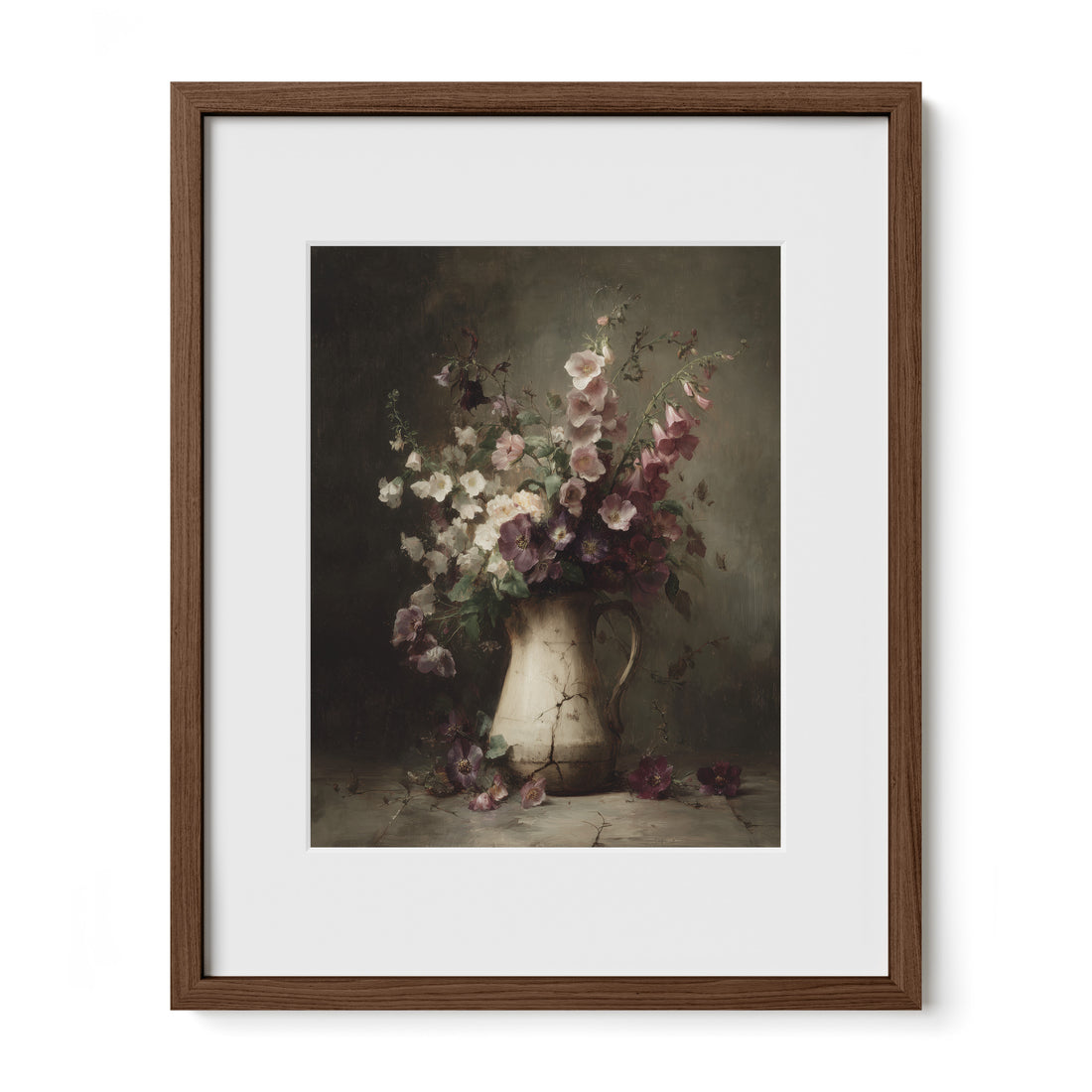 walnut framed rustic floral still life wall art print with mat
