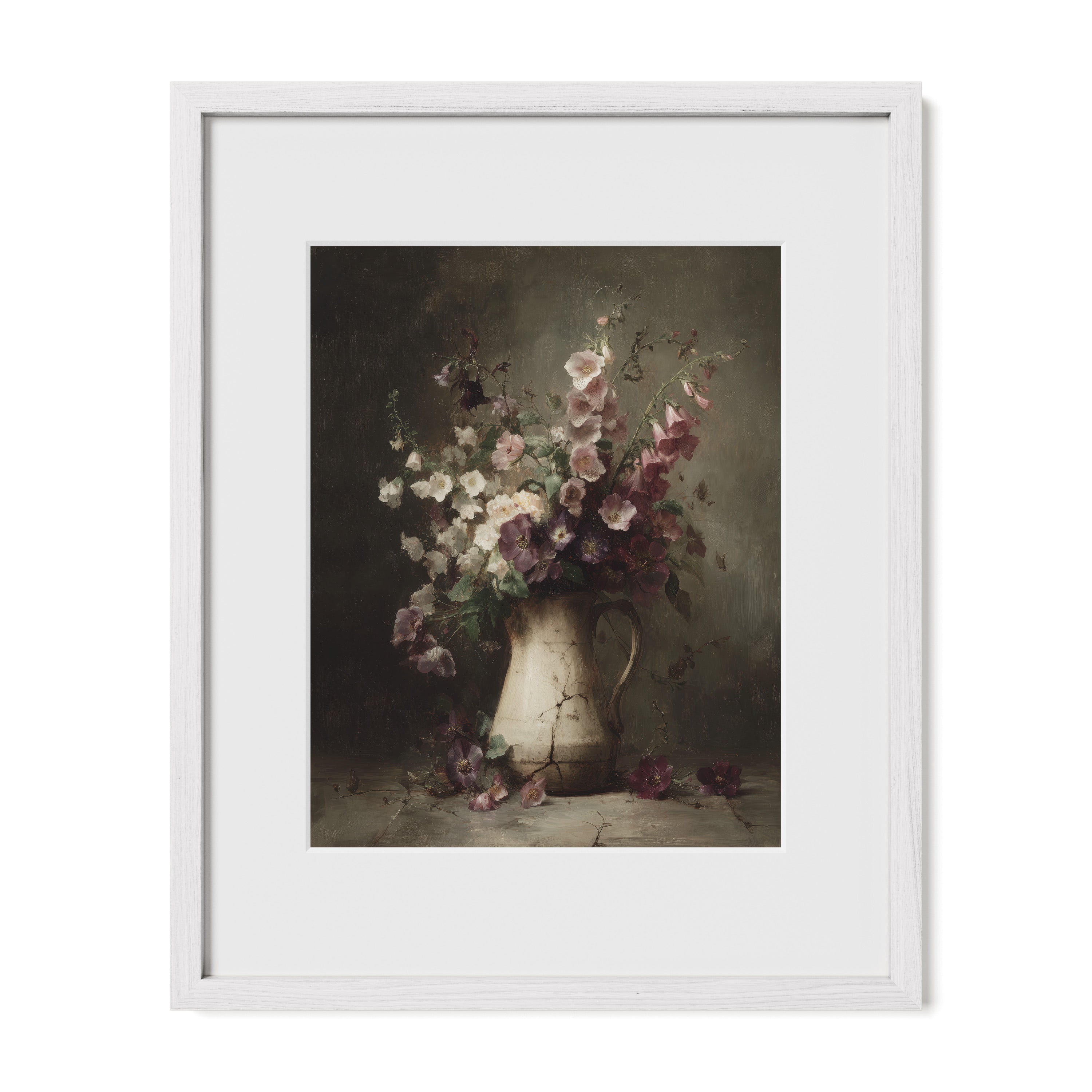 white framed flower bouquet wall art print with mat