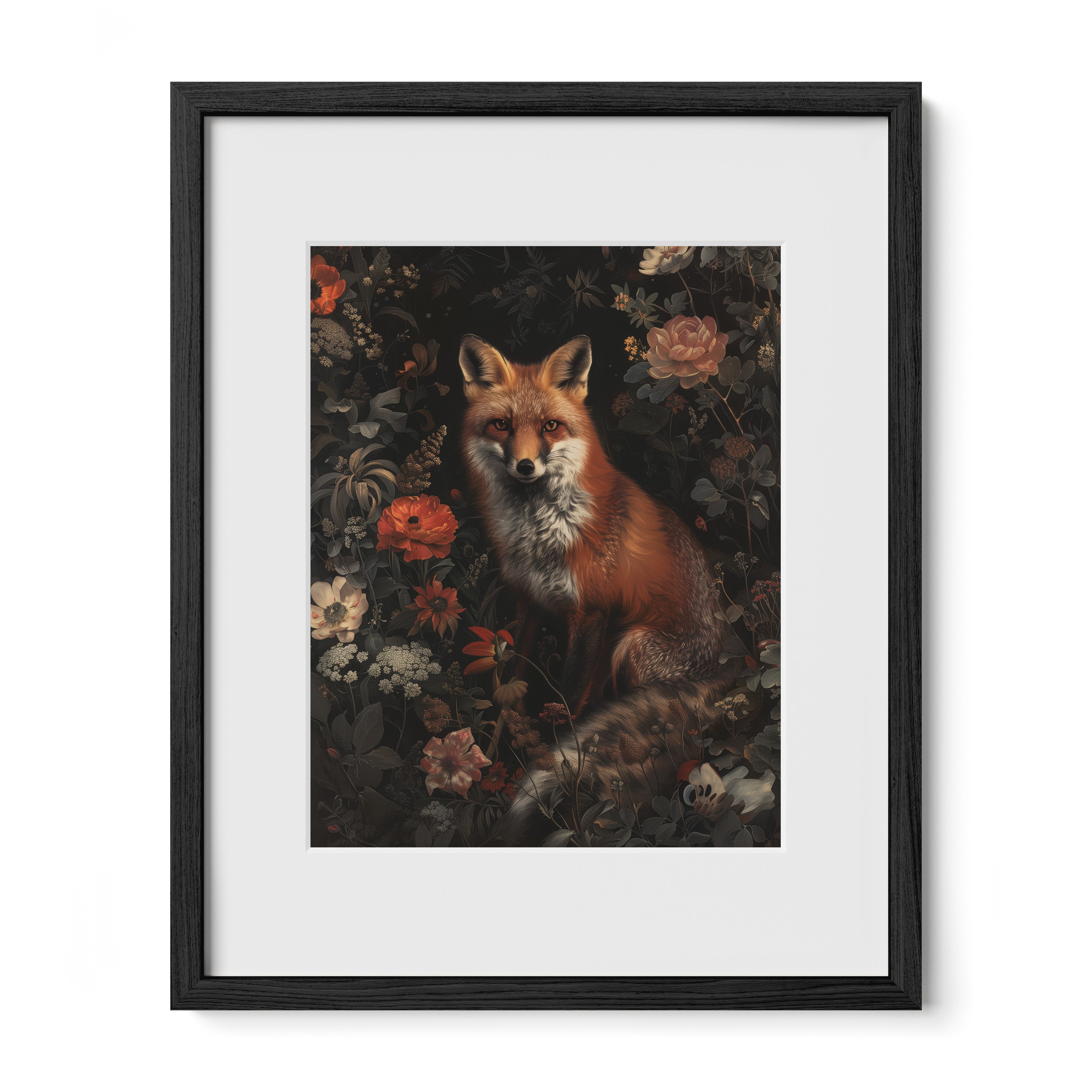 black framed fox floral wall art print with mat
