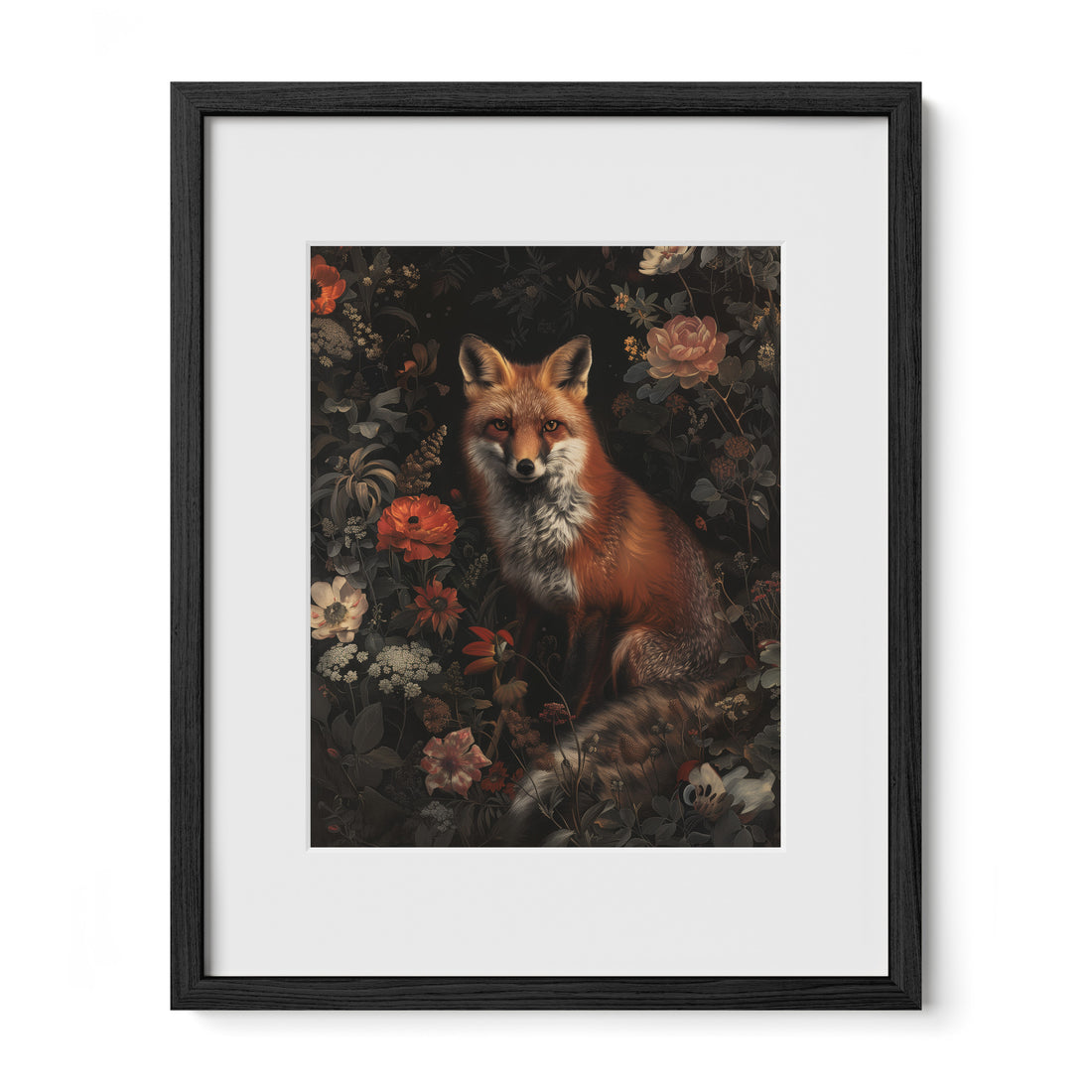 black framed fox floral wall art print with mat