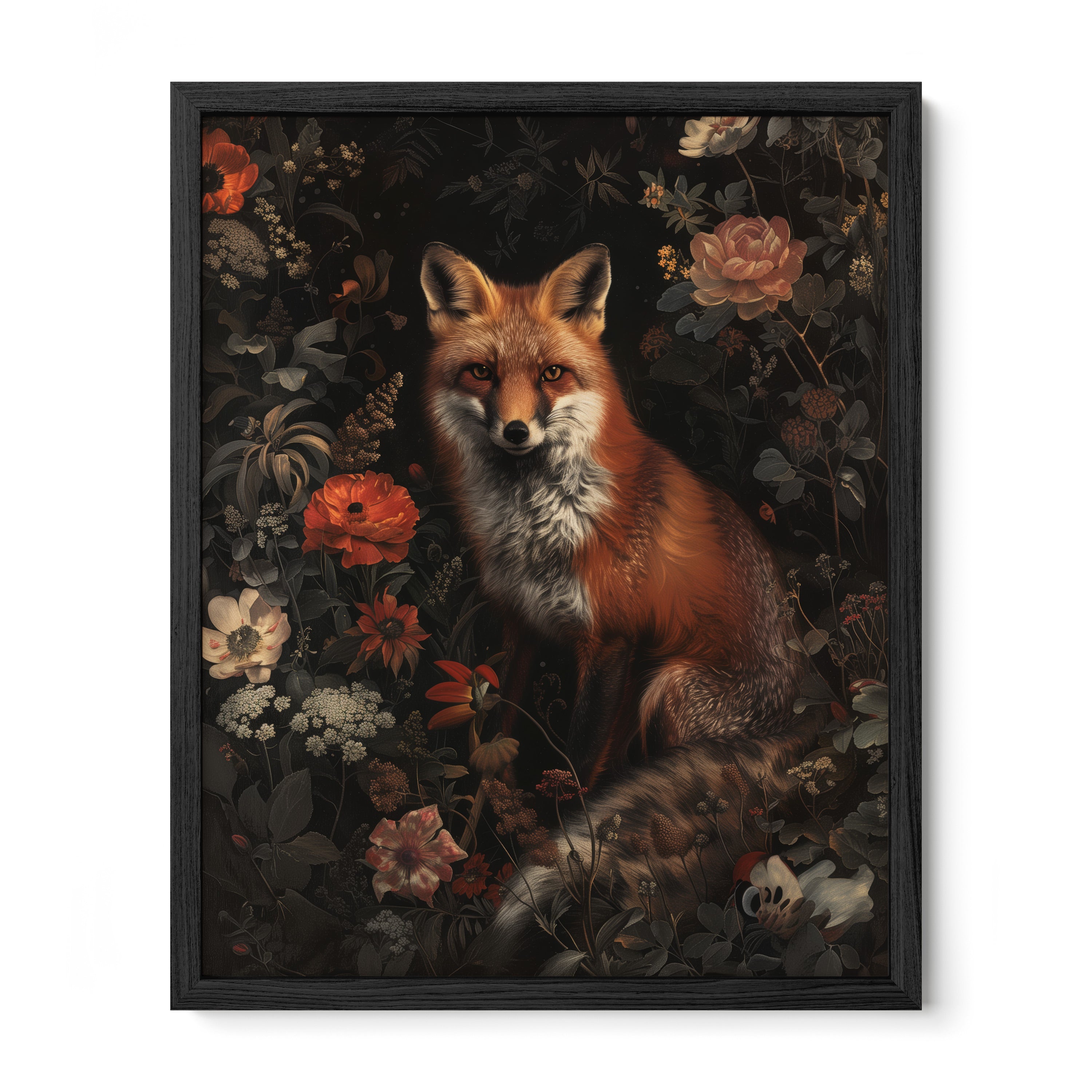 black framed gothic fox botanical wall art print
