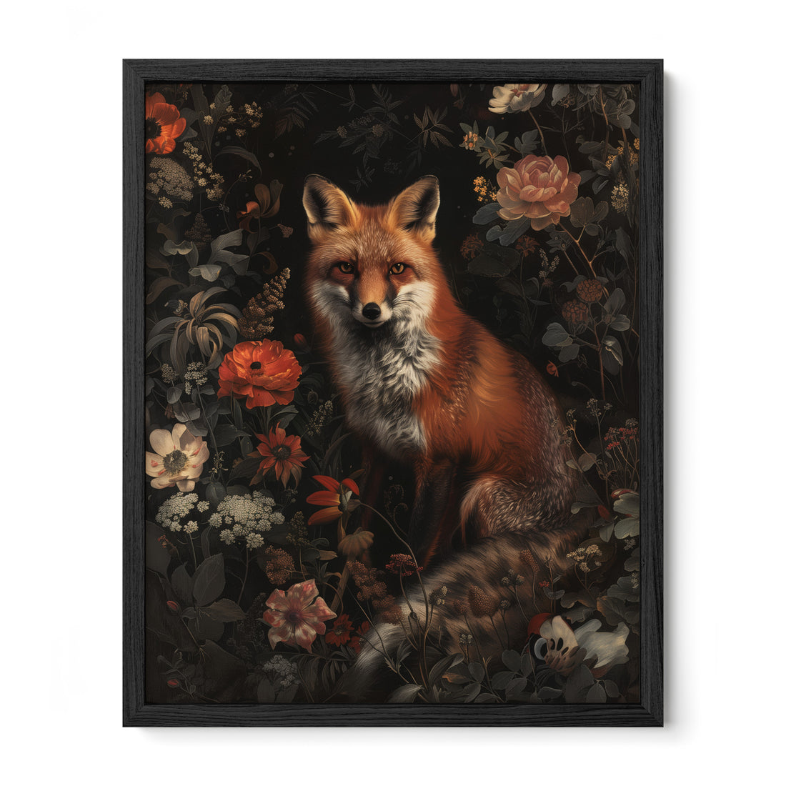 black framed gothic fox botanical wall art print
