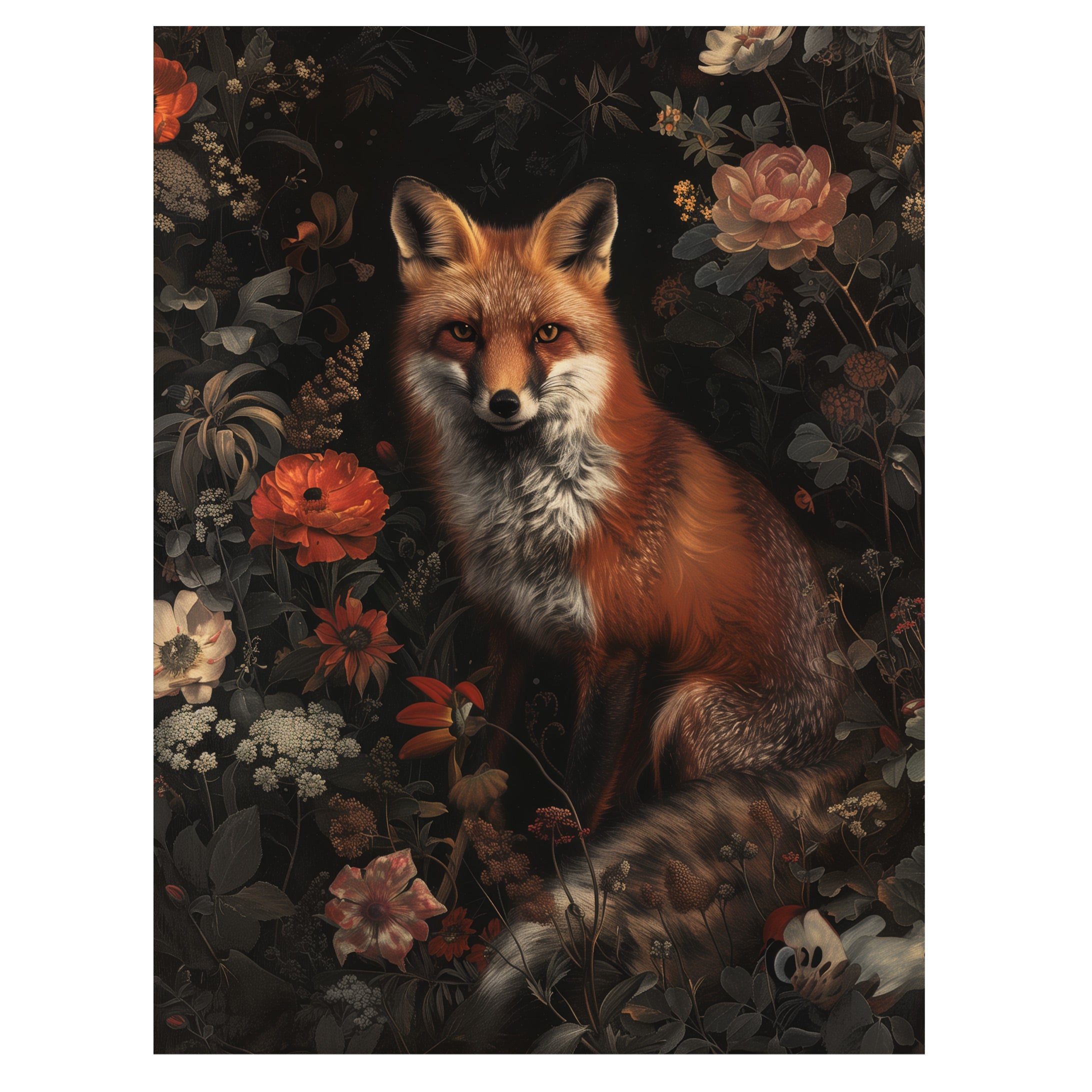 gothic fox botanical wall art print with fox surrounded by dark flowers and blooms