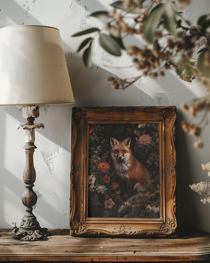 vintage brown framed gothic fox botanical wall art print
