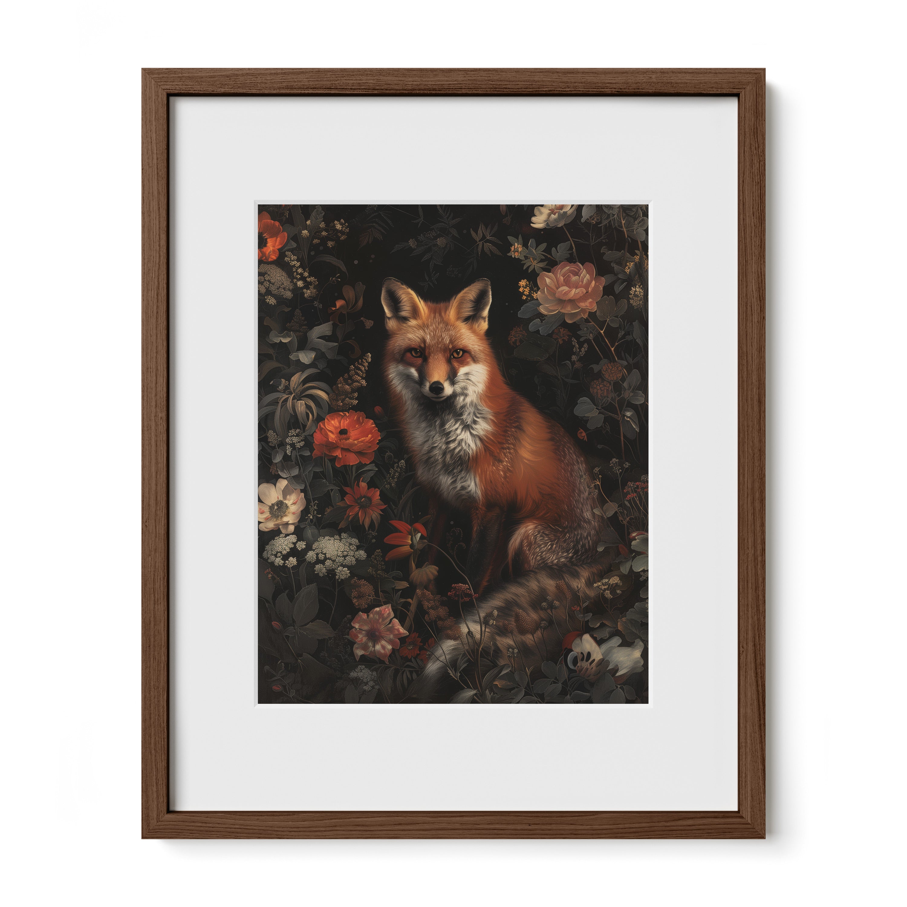walnut framed fox botanical fine art print with mat