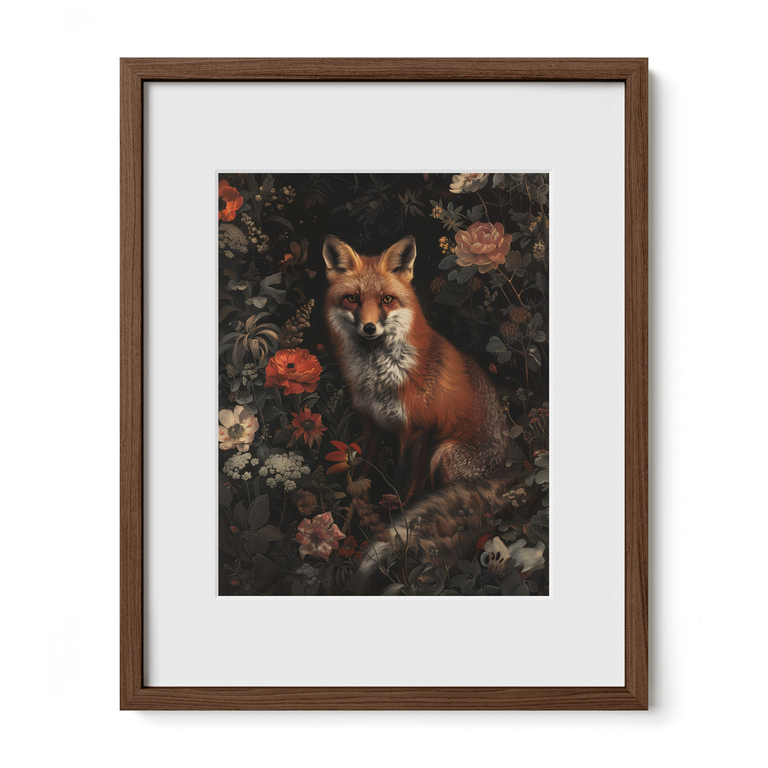 walnut framed fox botanical fine art print with mat