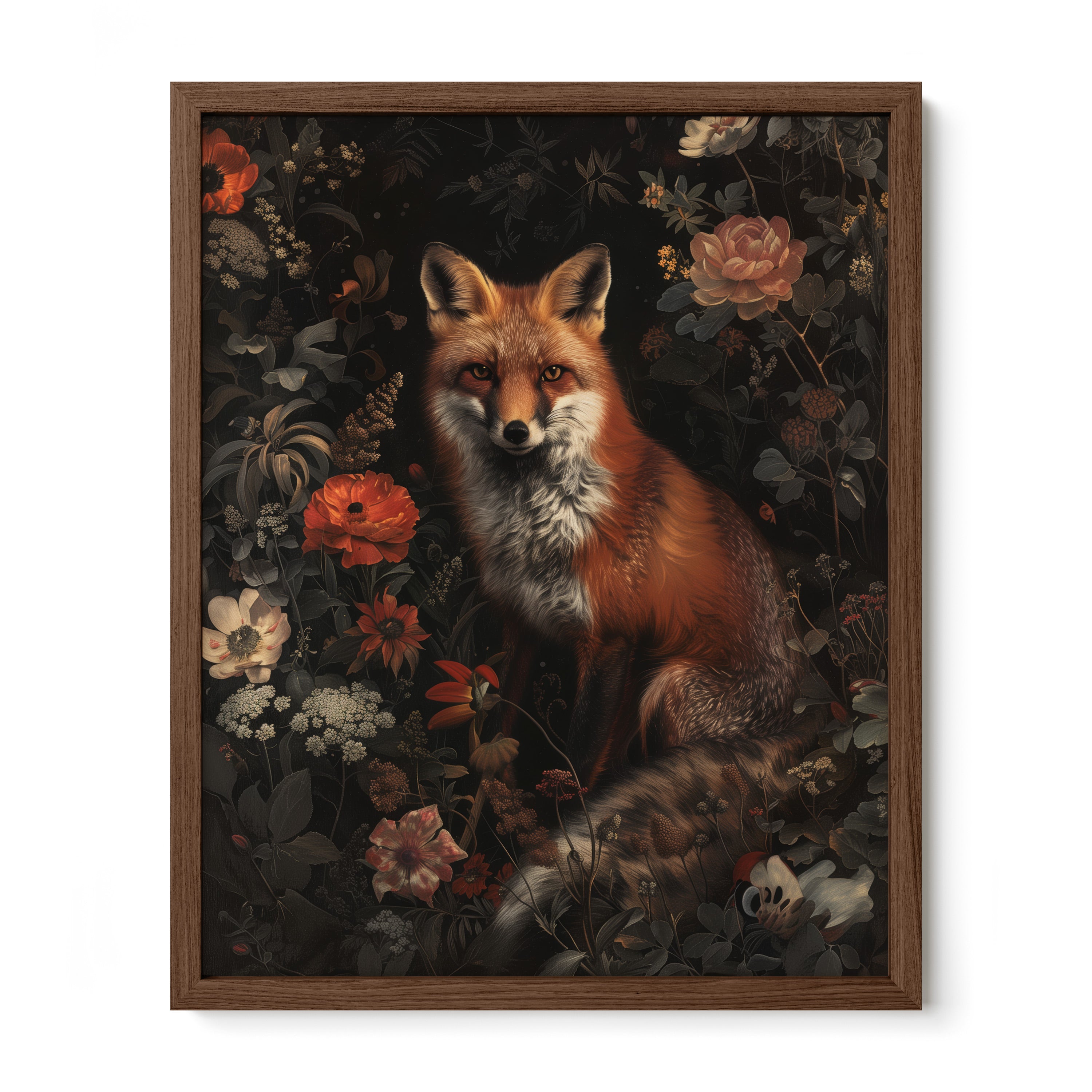 walnut framed gothic wildlife floral wall art print