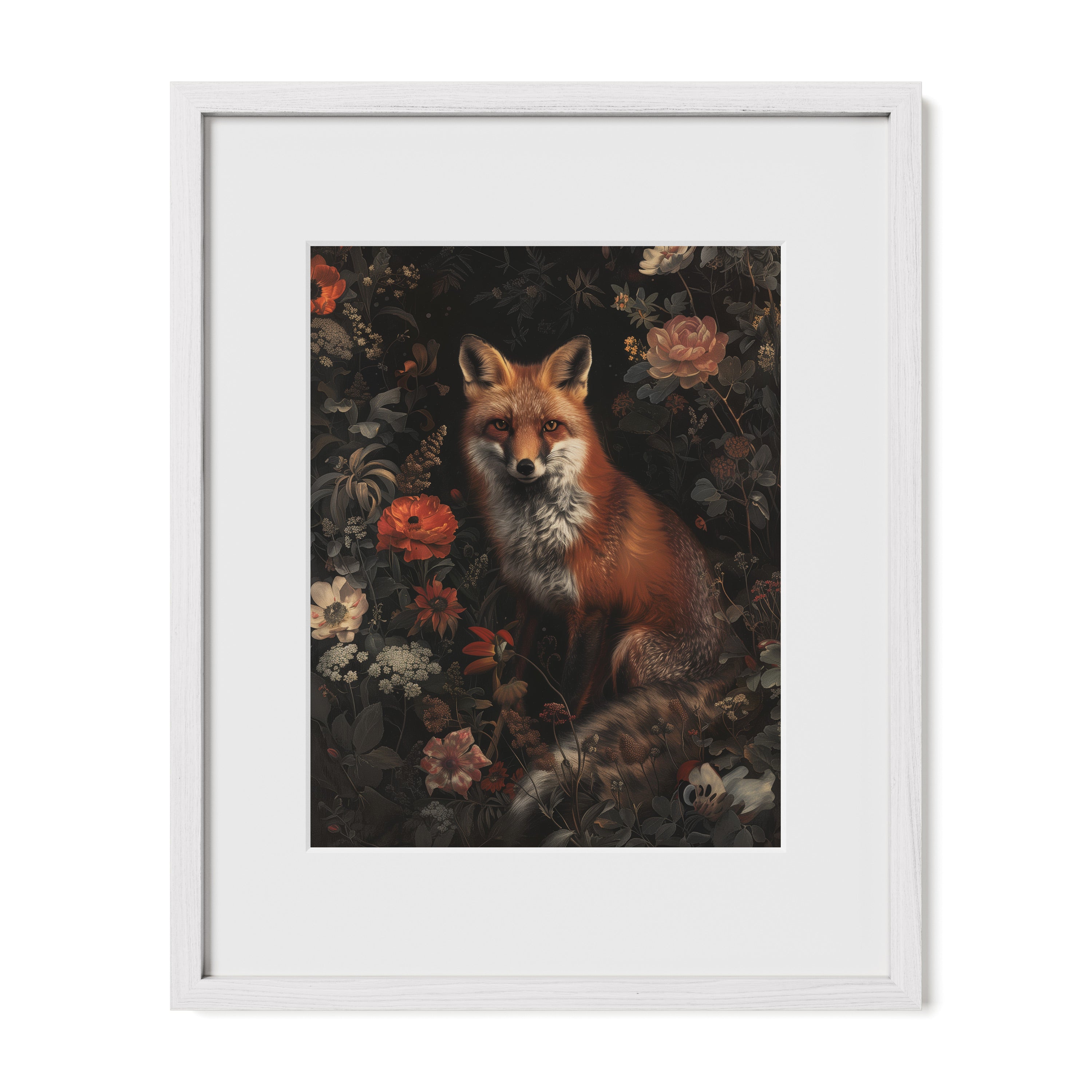 white framed woodland fox floral wall art print with mat