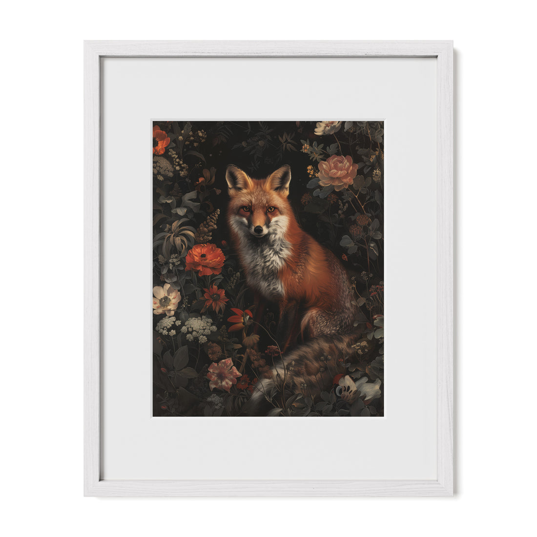 white framed woodland fox floral wall art print with mat