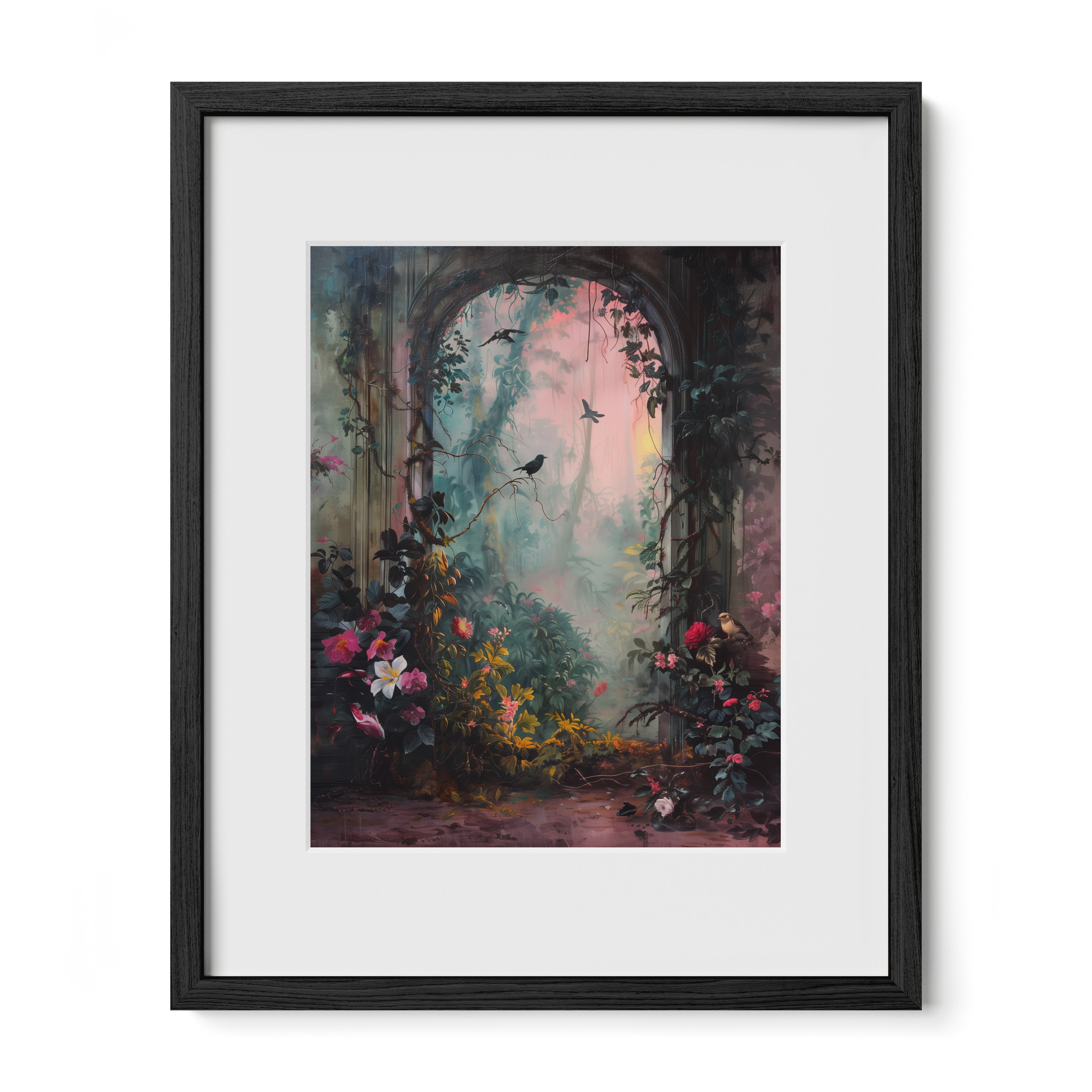 black framed floral archway wall art print with mat