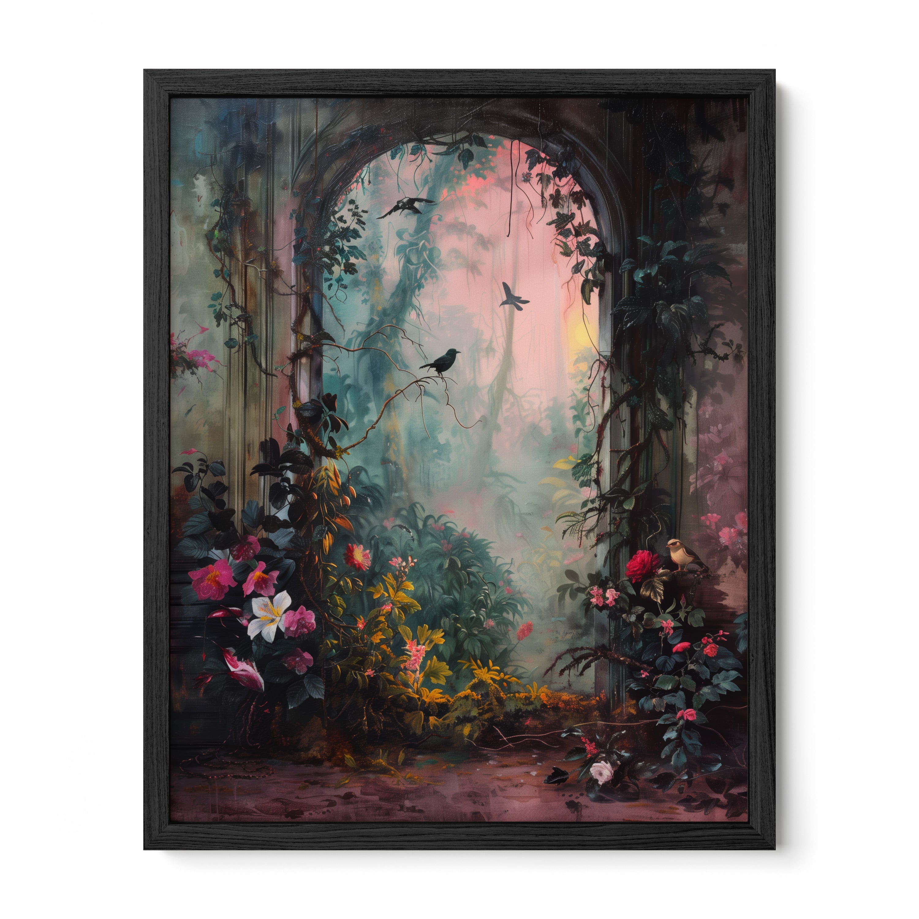 black framed enchanted garden botanical wall art print