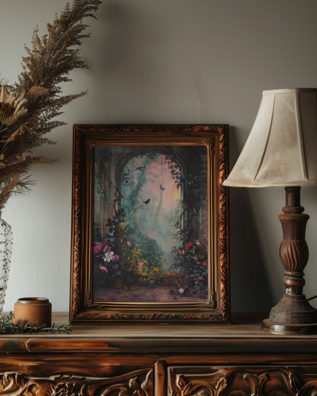 brown framed enchanted garden botanical wall art print