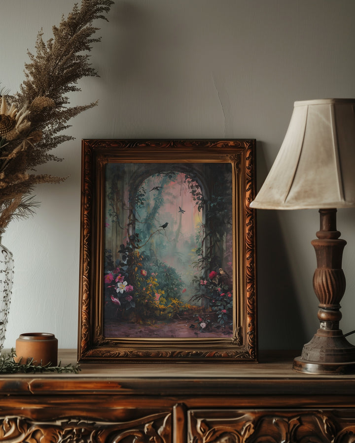 brown framed enchanted garden botanical wall art print
