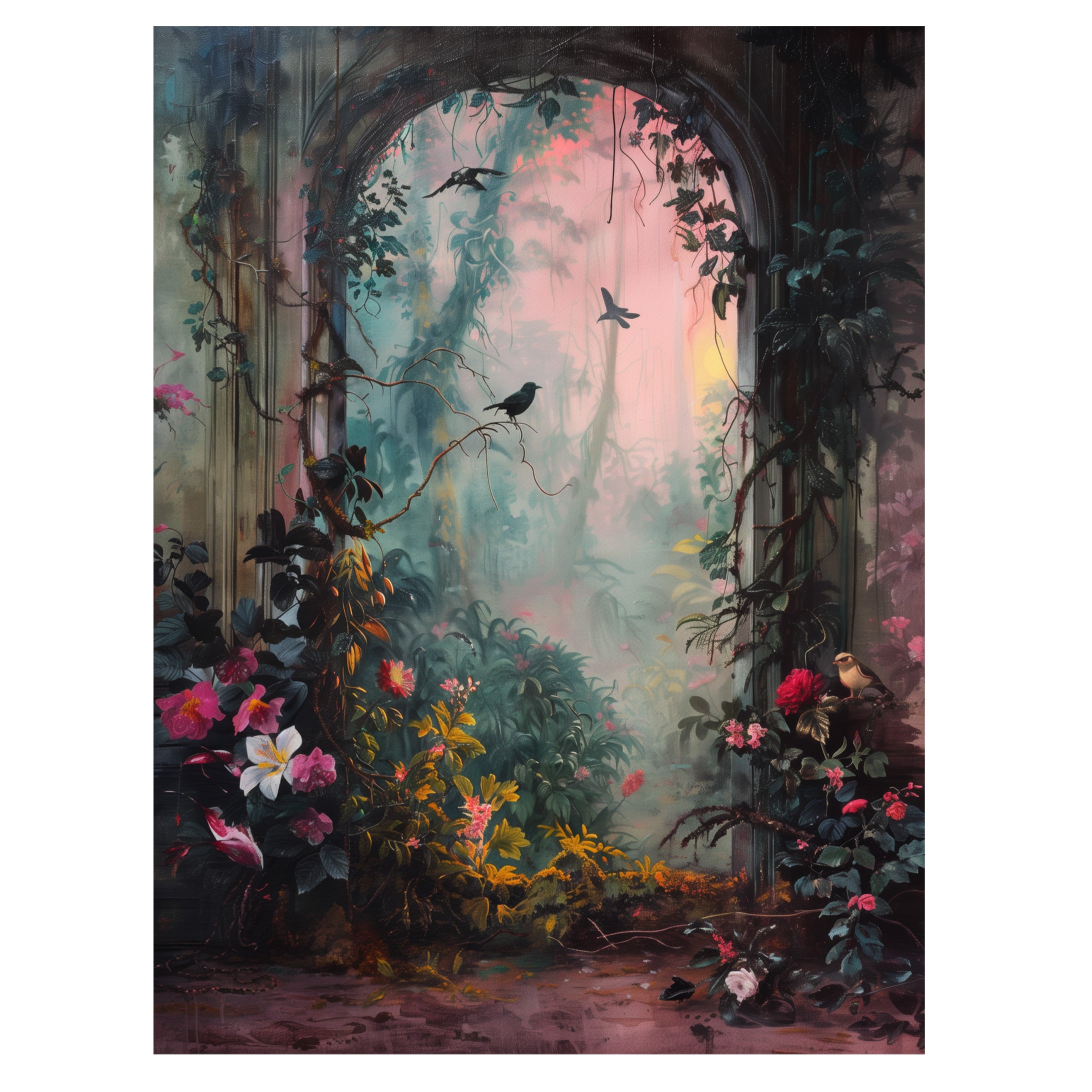 enchanted garden wall art print with floral archway, vines, and secret garden pathway