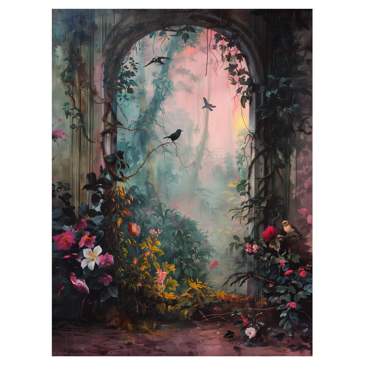 enchanted garden wall art print with floral archway, vines, and secret garden pathway