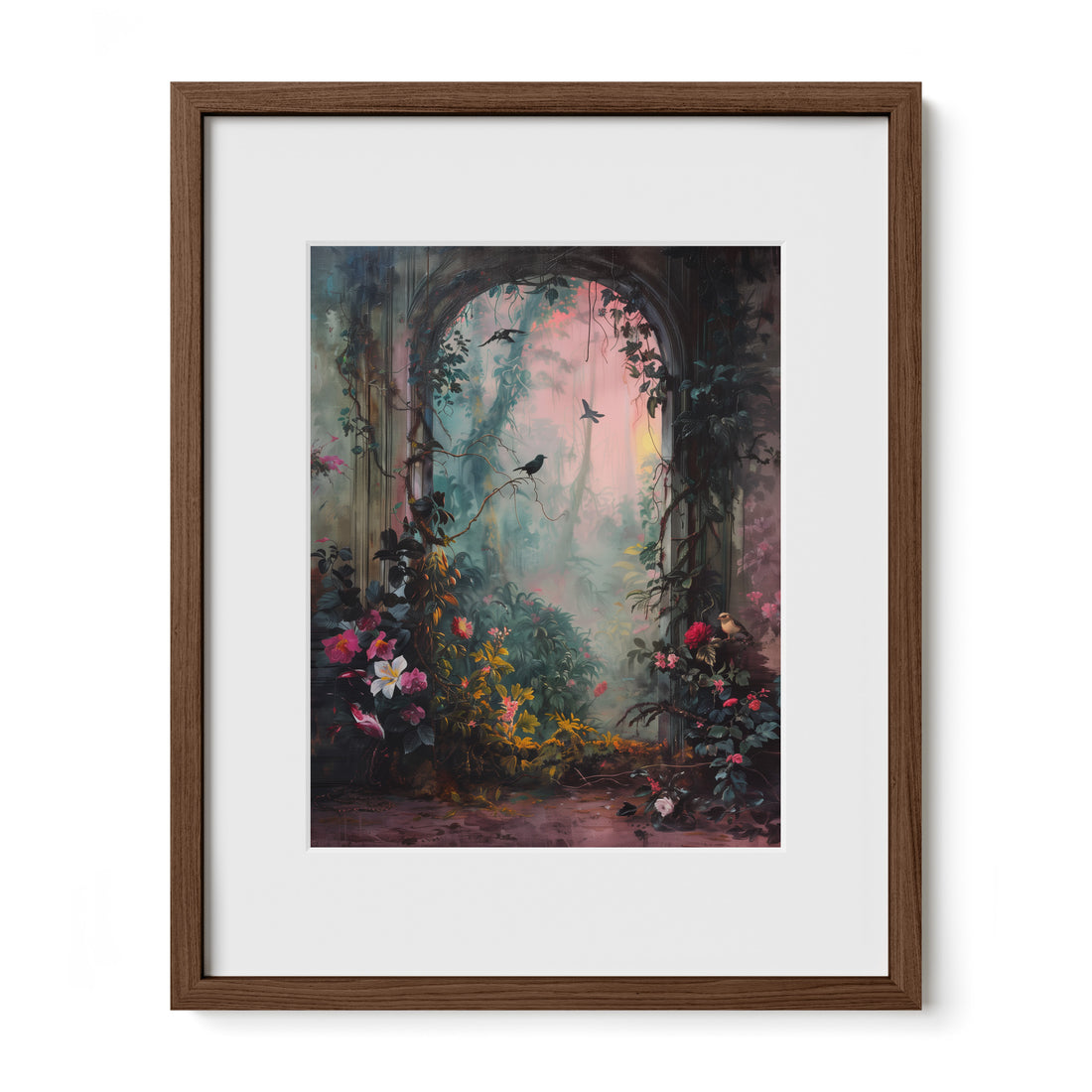walnut framed secret garden wall art print with mat