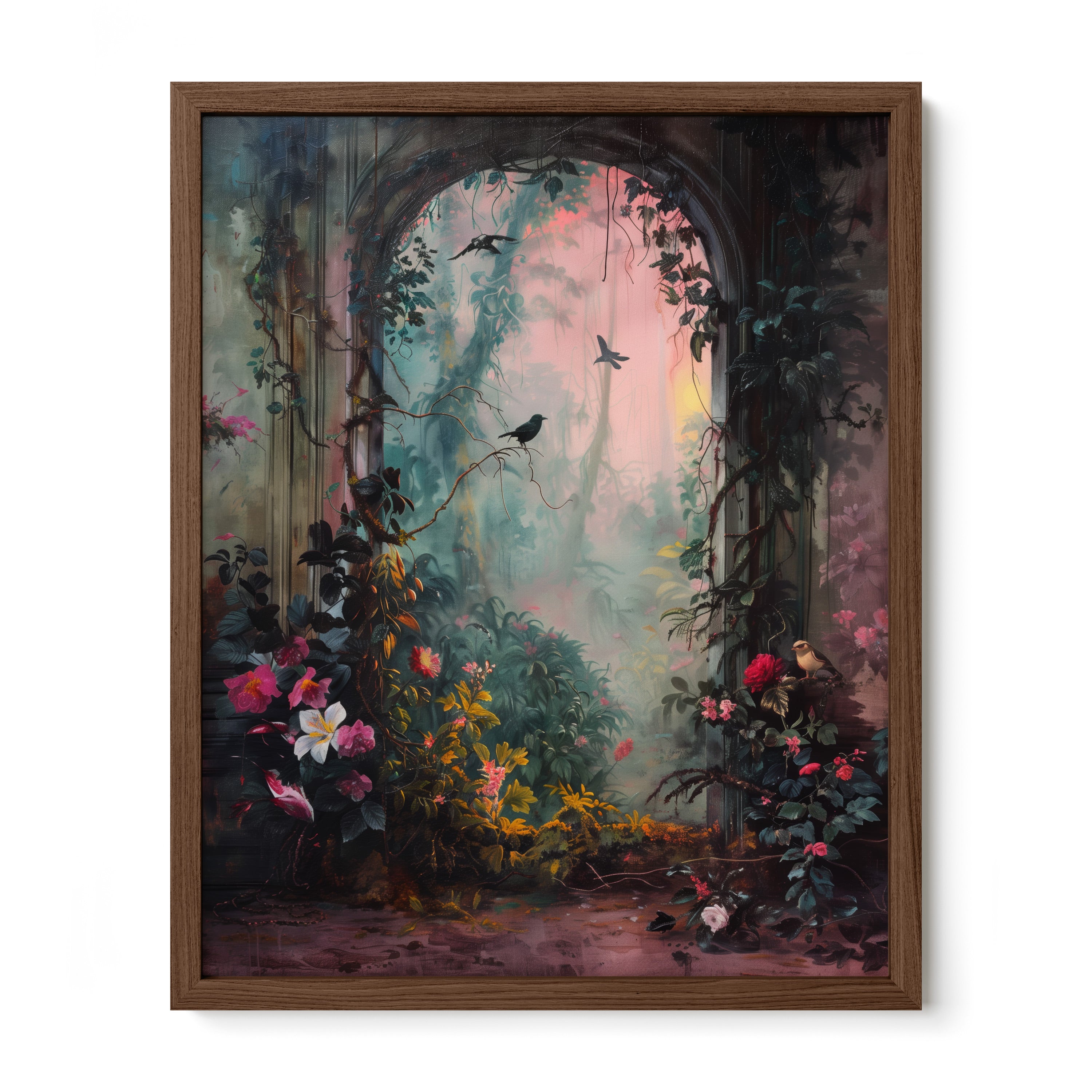 walnut framed romantic botanical garden wall art print