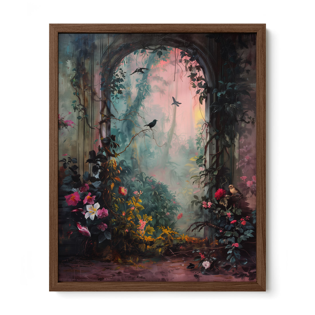walnut framed romantic botanical garden wall art print