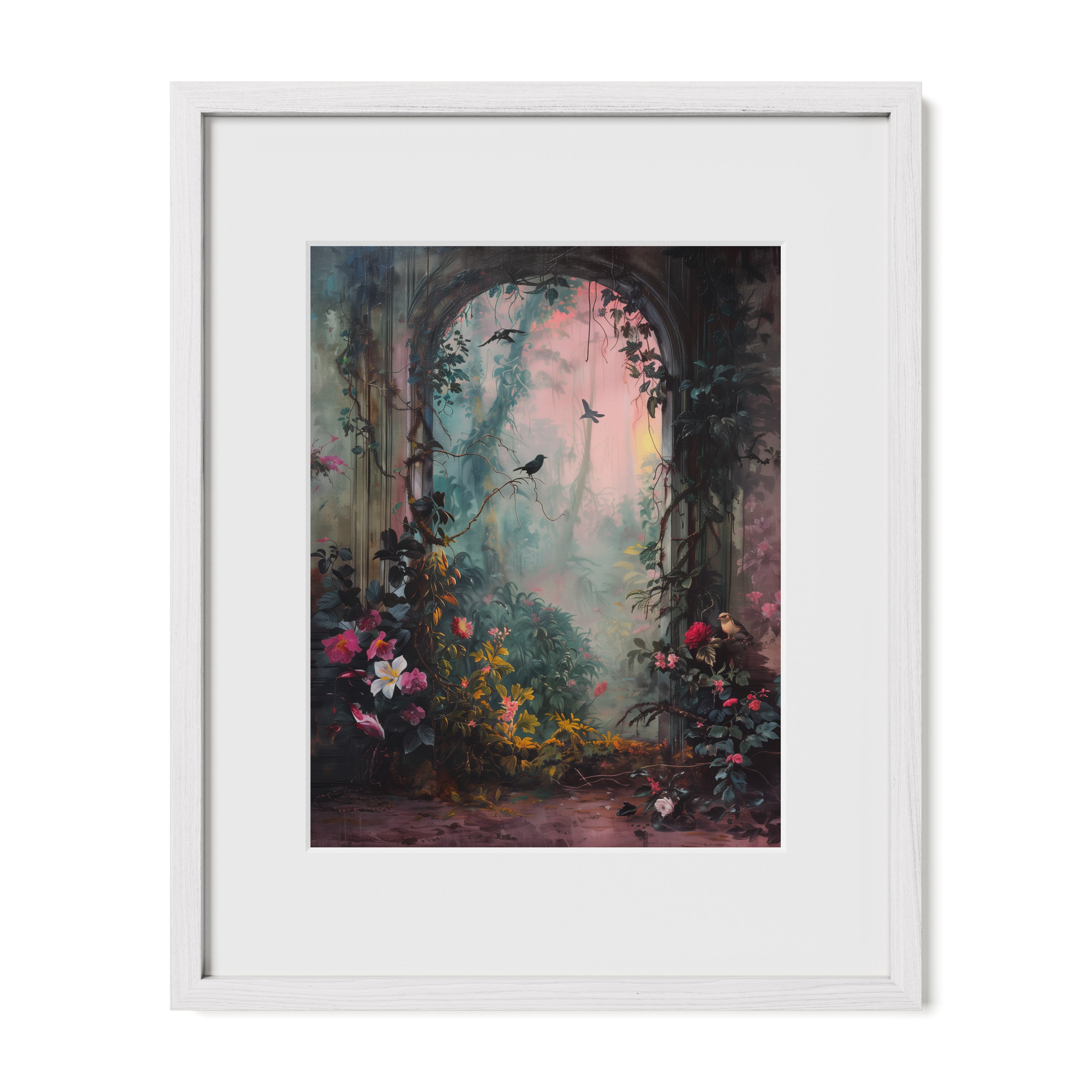 white framed floral garden archway wall art print with mat
