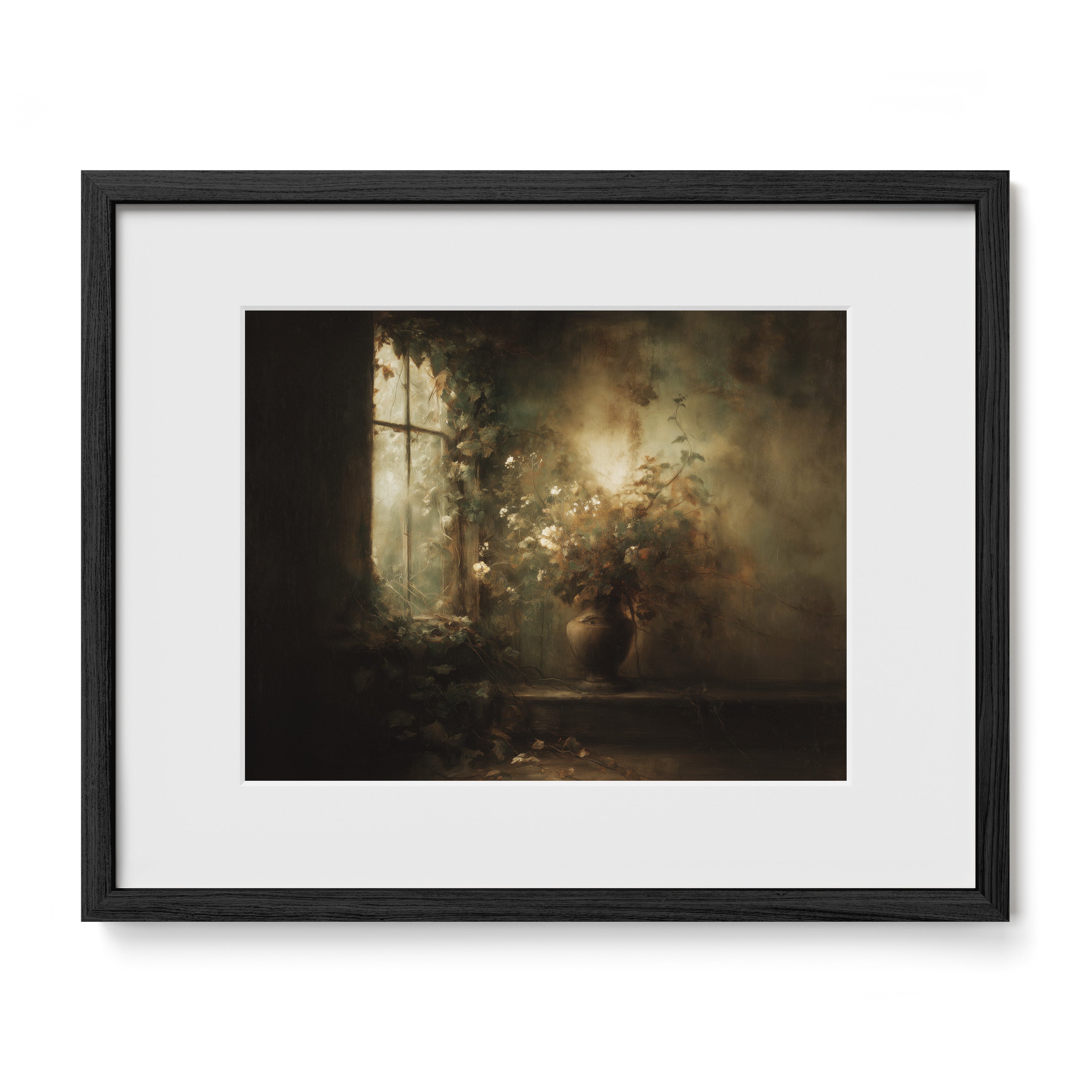 black framed floral window wall art print with mat