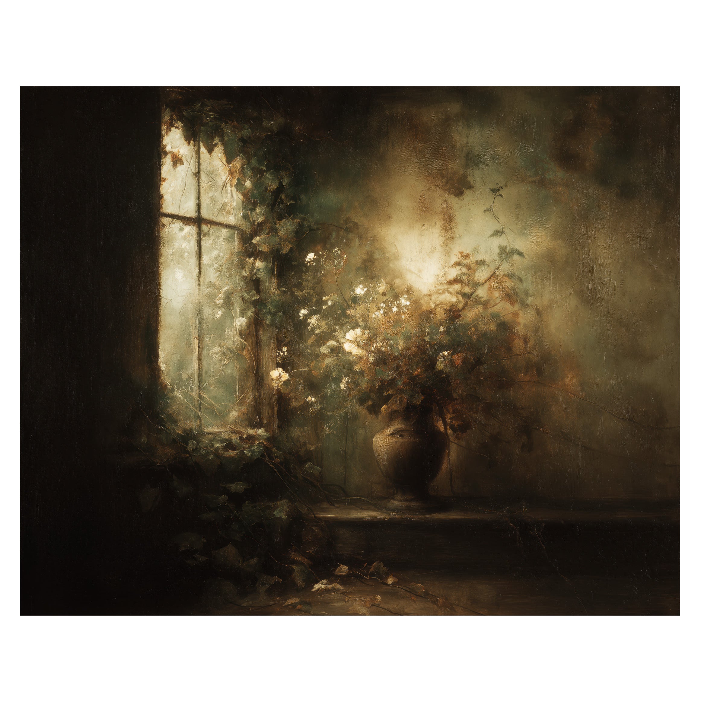 moody botanical window wall art print with flowers glowing beside softly lit window
