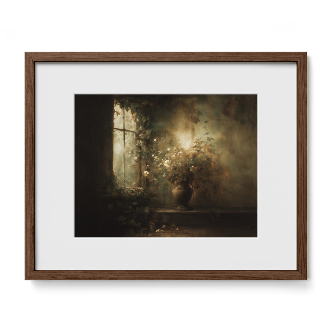 walnut framed floral window still life wall art print with mat
