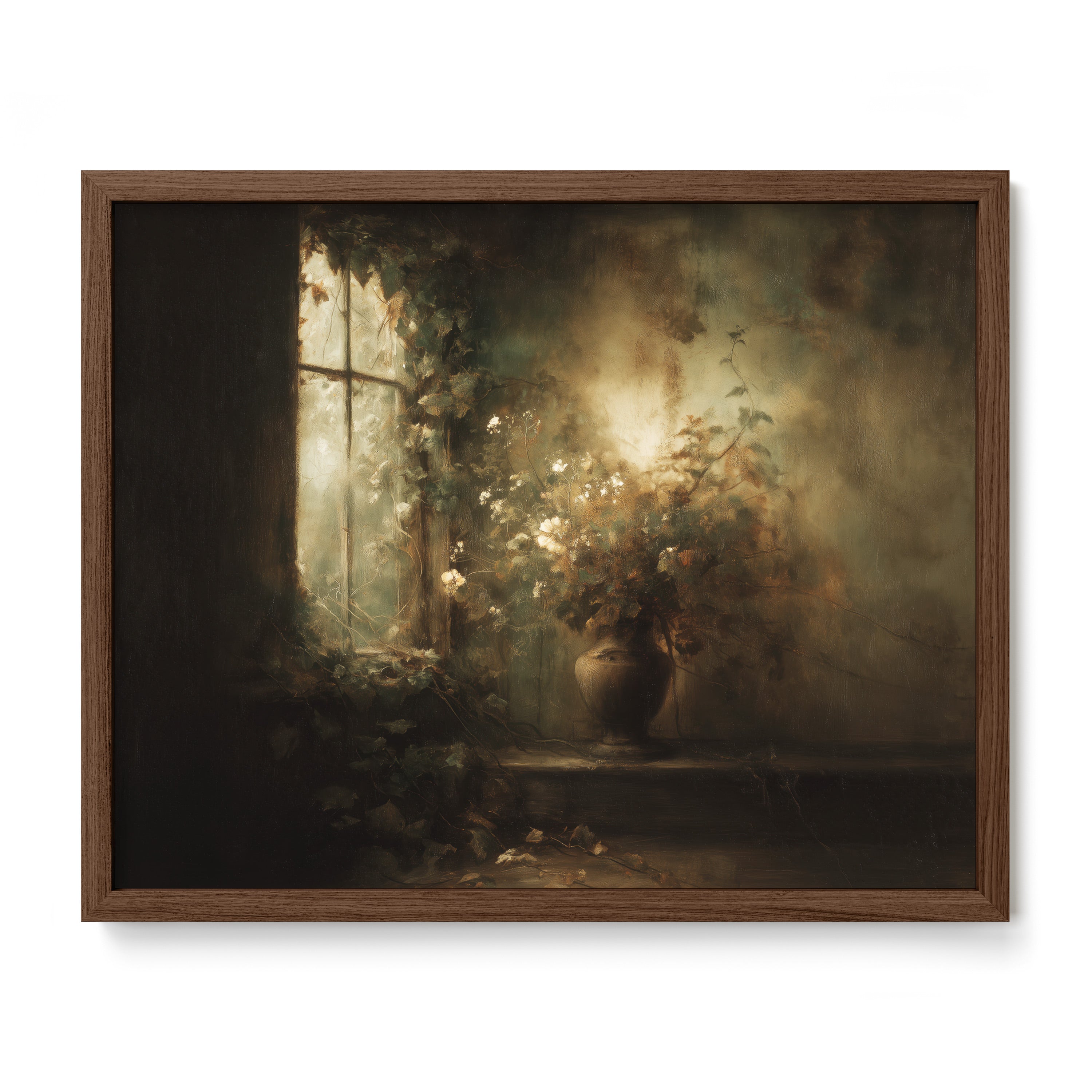 walnut framed moody botanical floral wall art print