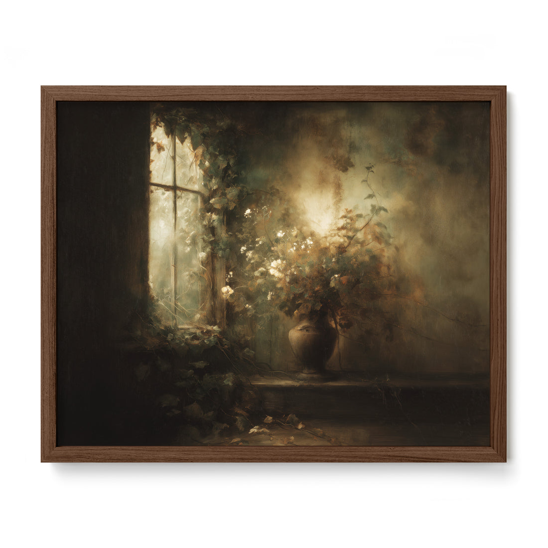 walnut framed moody botanical floral wall art print