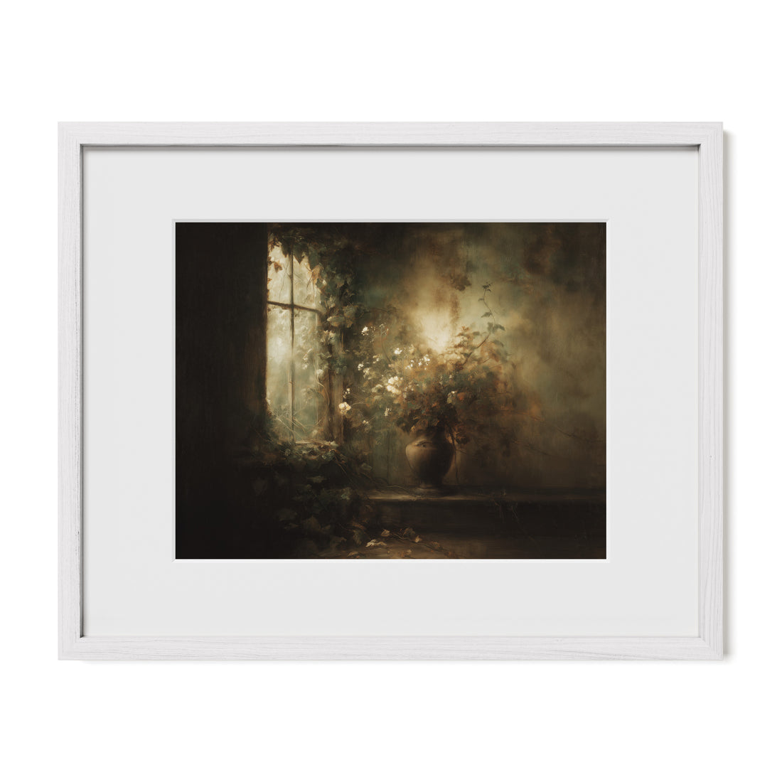 white framed botanical window wall art print with mat