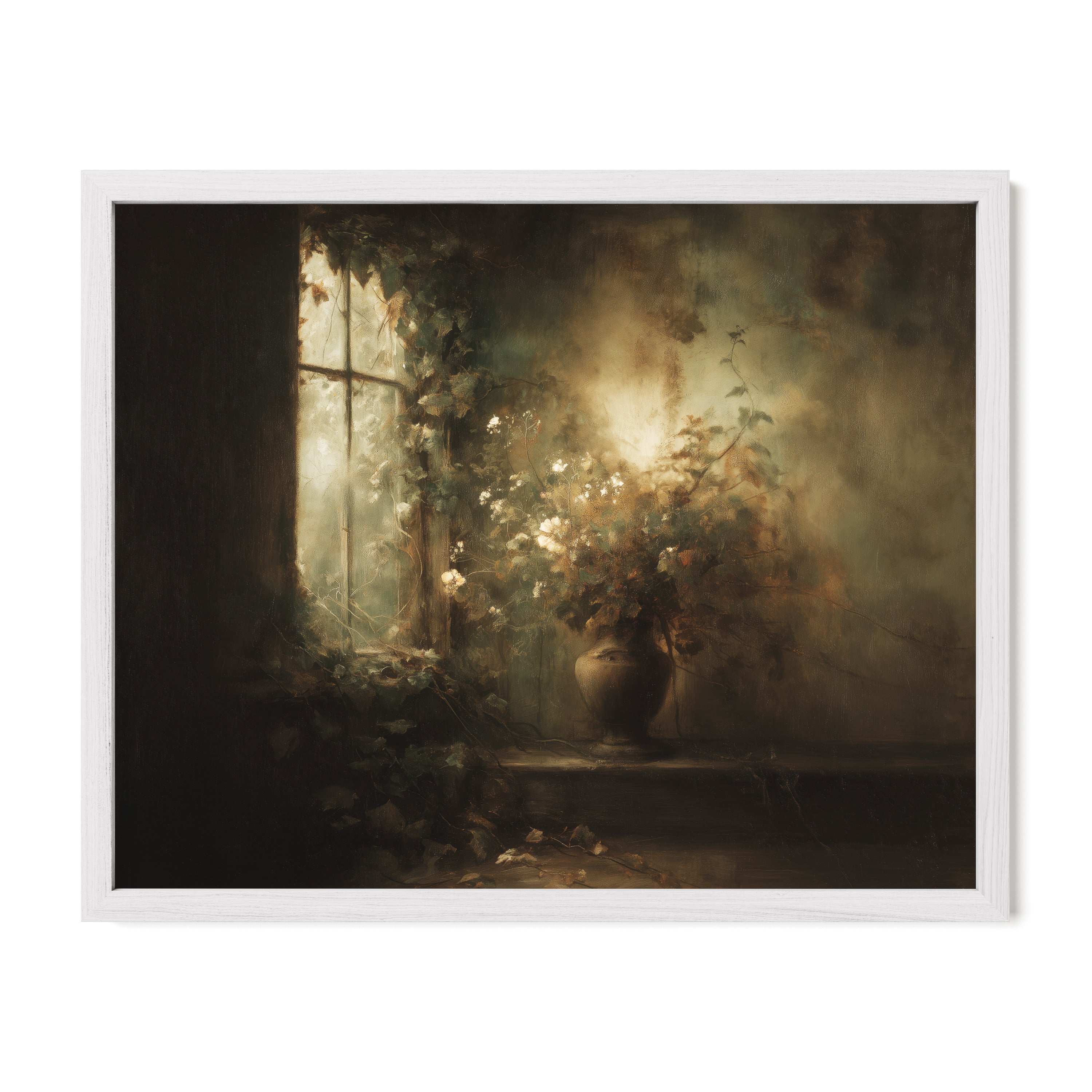 white framed moody floral window wall art print