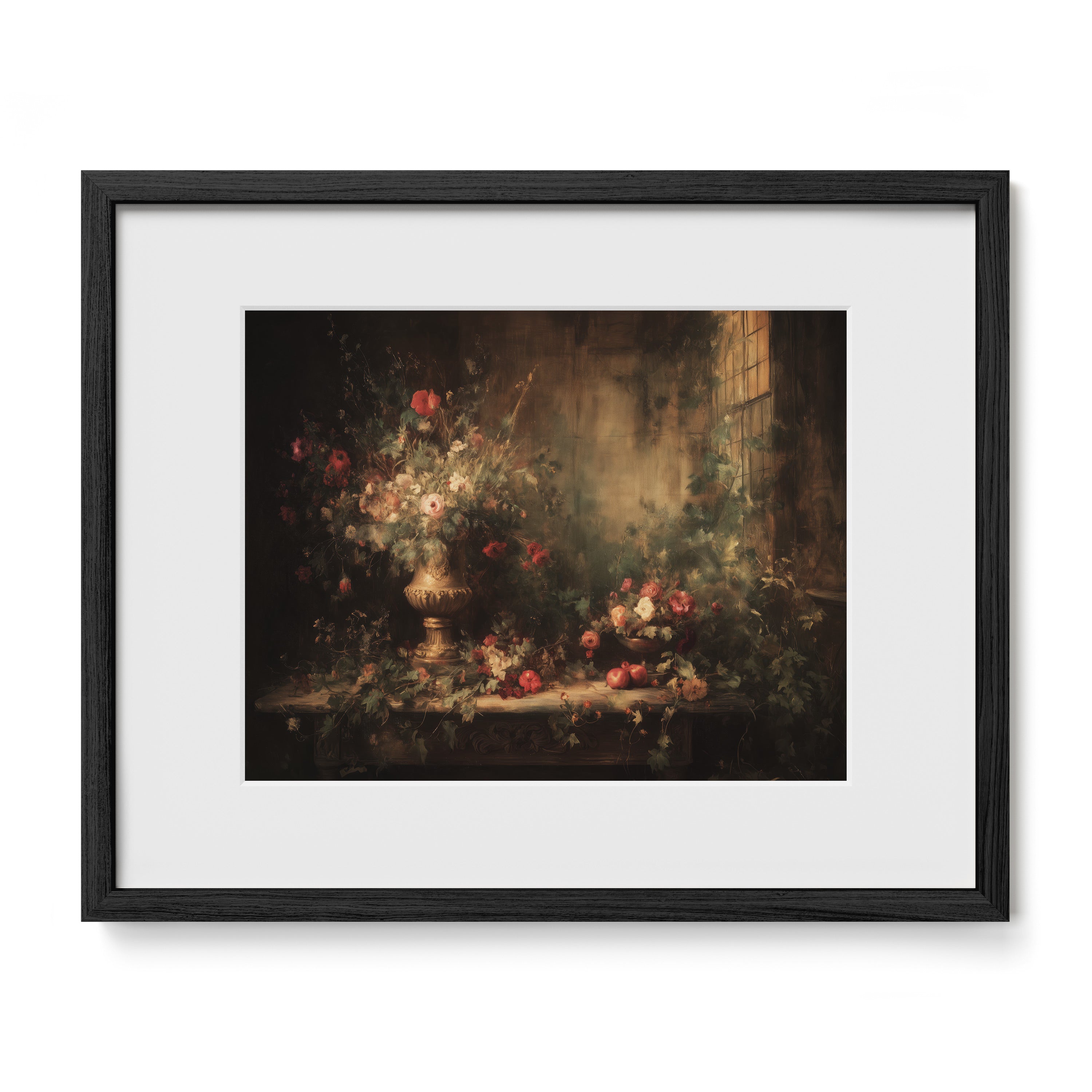 black framed floral still life wall art print with mat