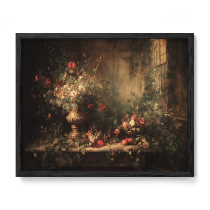 black framed moody floral still life wall art print