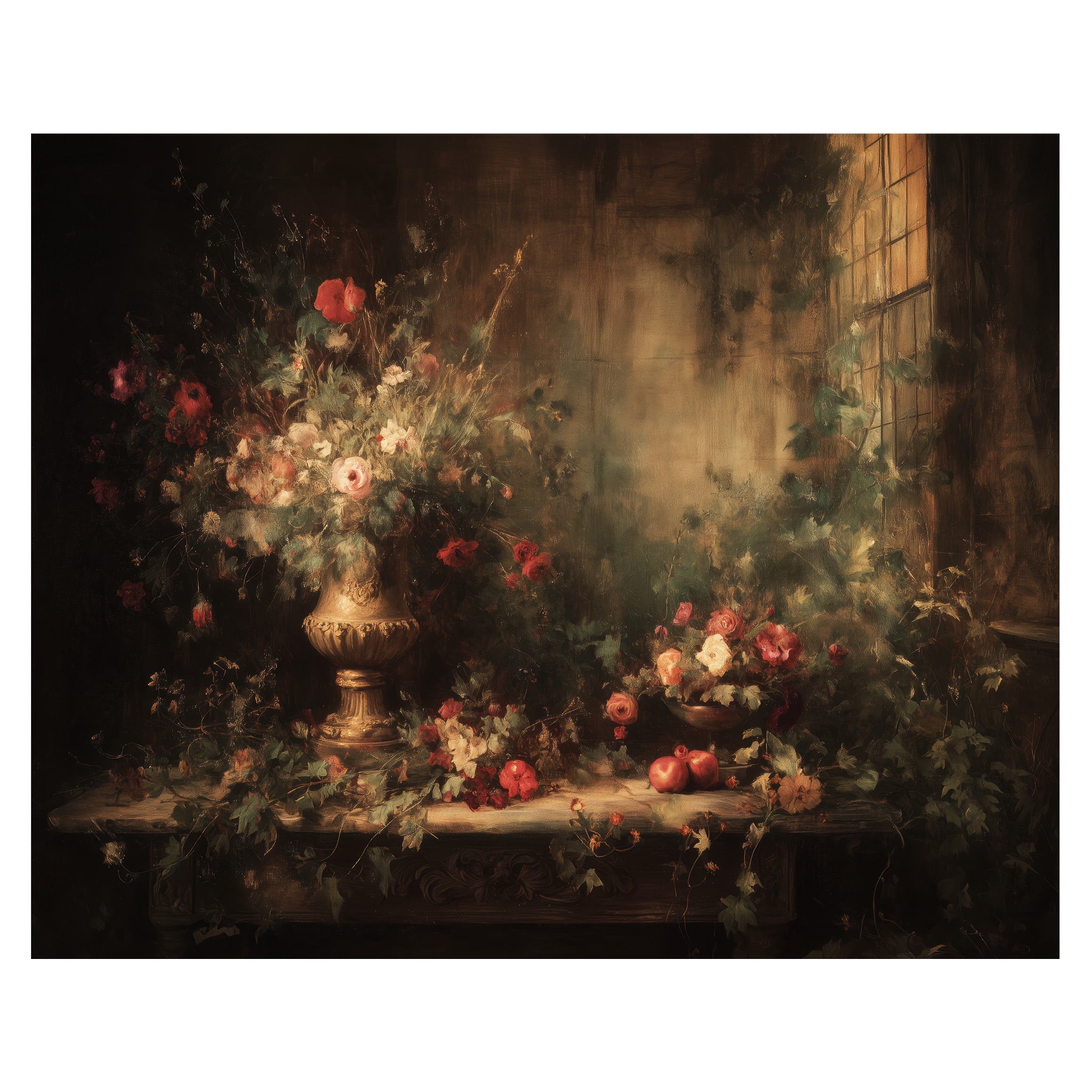moody floral still life wall art print with flowers glowing softly in dim light