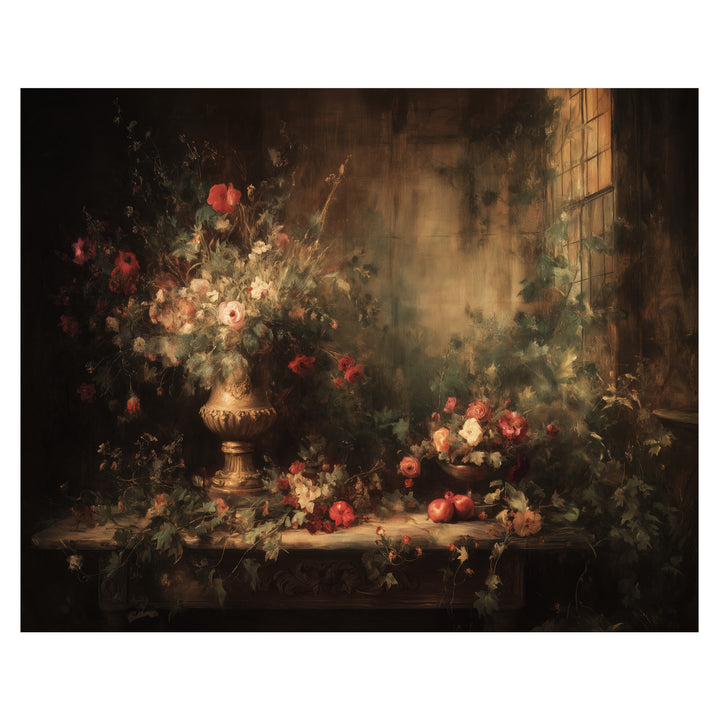 moody floral still life wall art print with flowers glowing softly in dim light