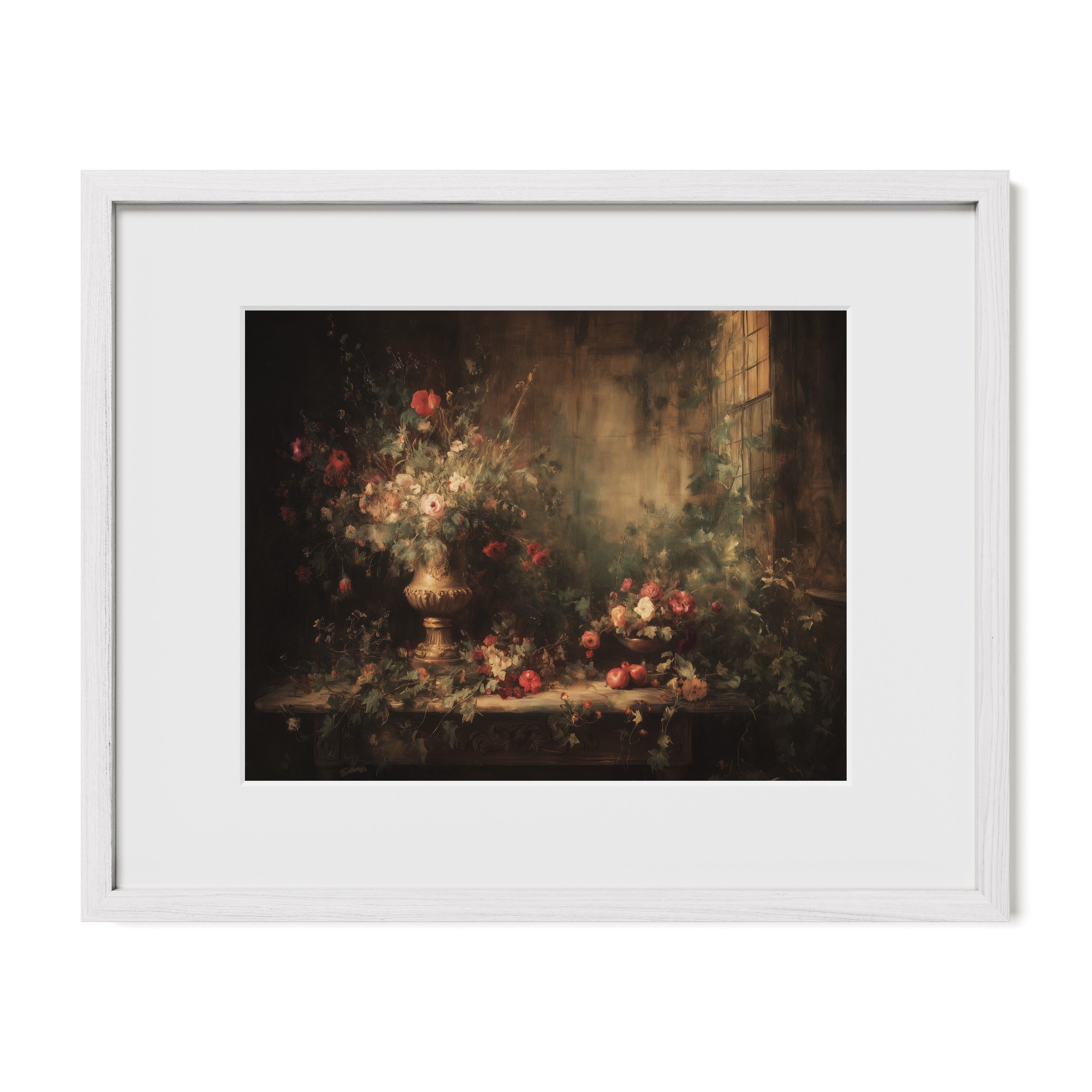 white framed botanical still life wall art print with mat
