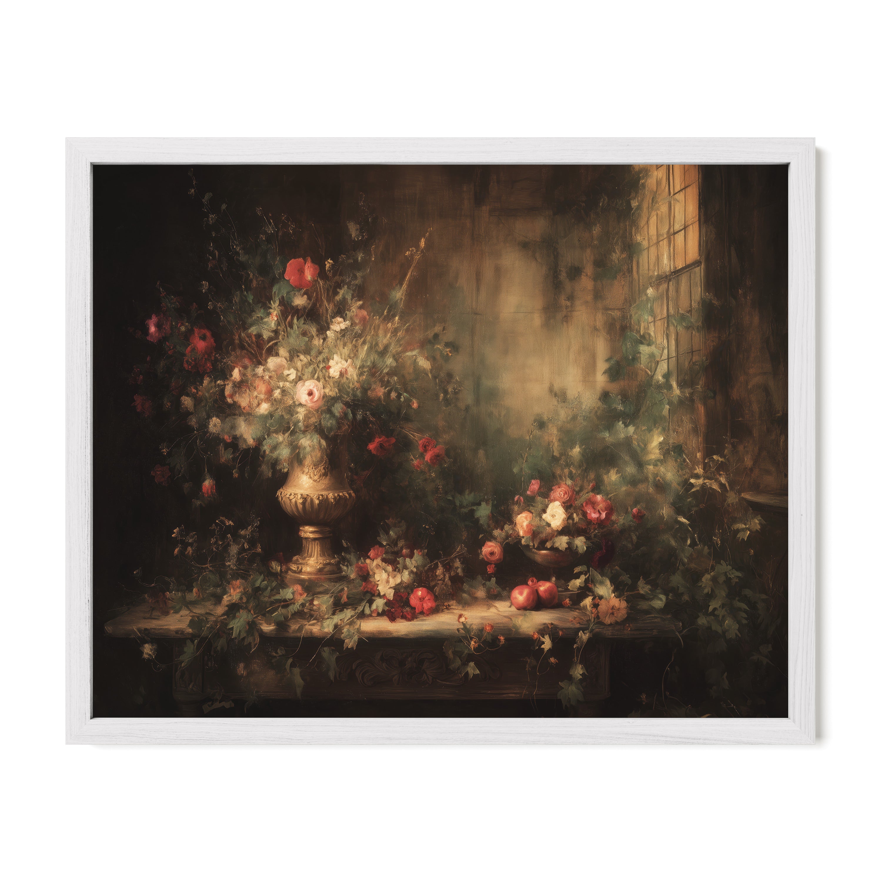 white framed moody floral wall art print