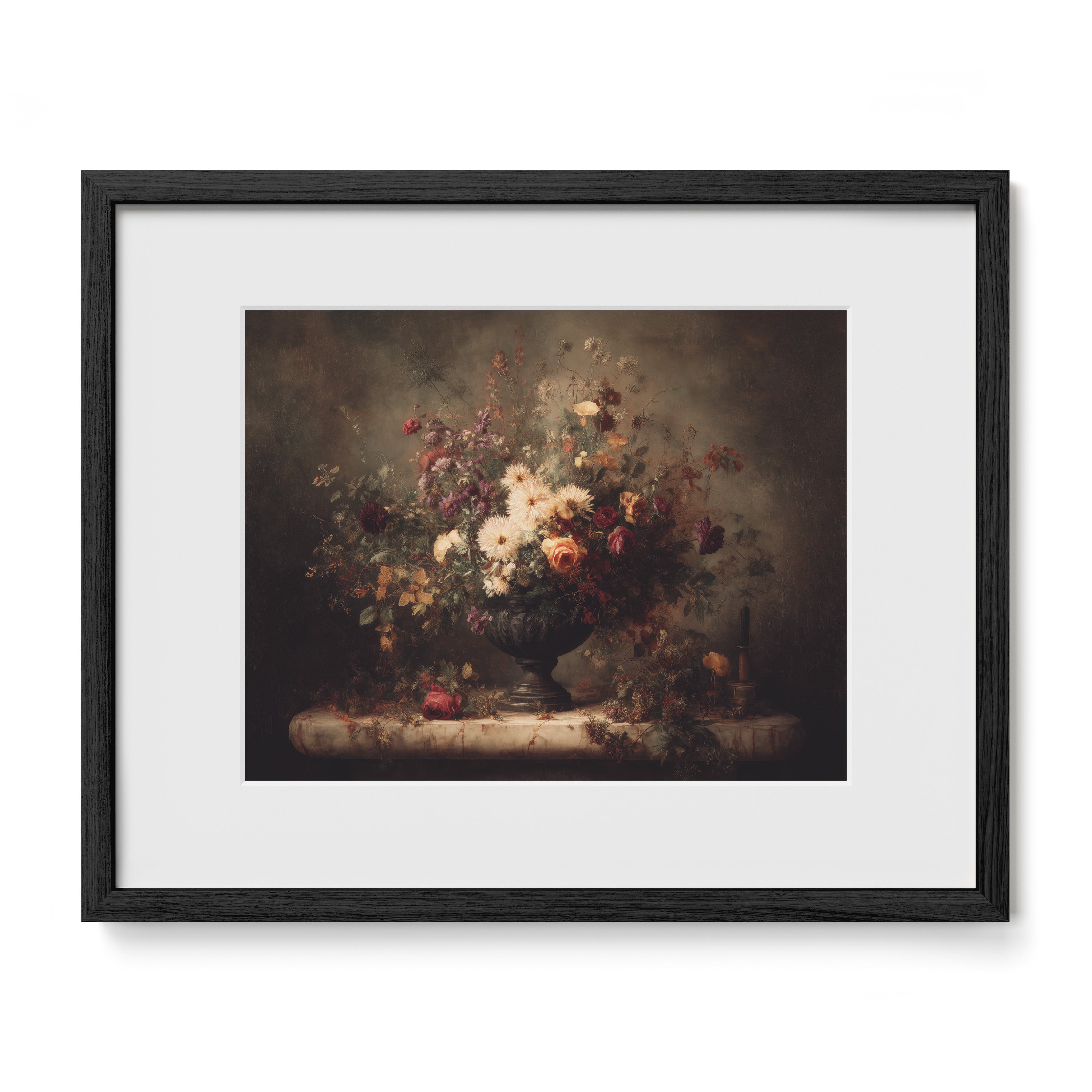 black framed floral still life wall art print with mat