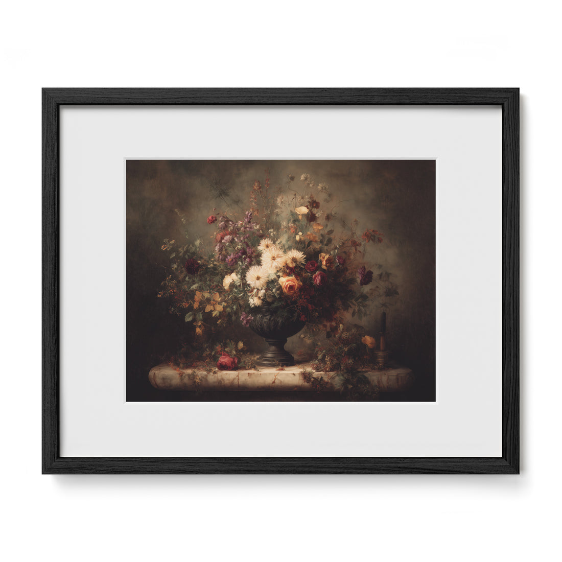 black framed floral still life wall art print with mat