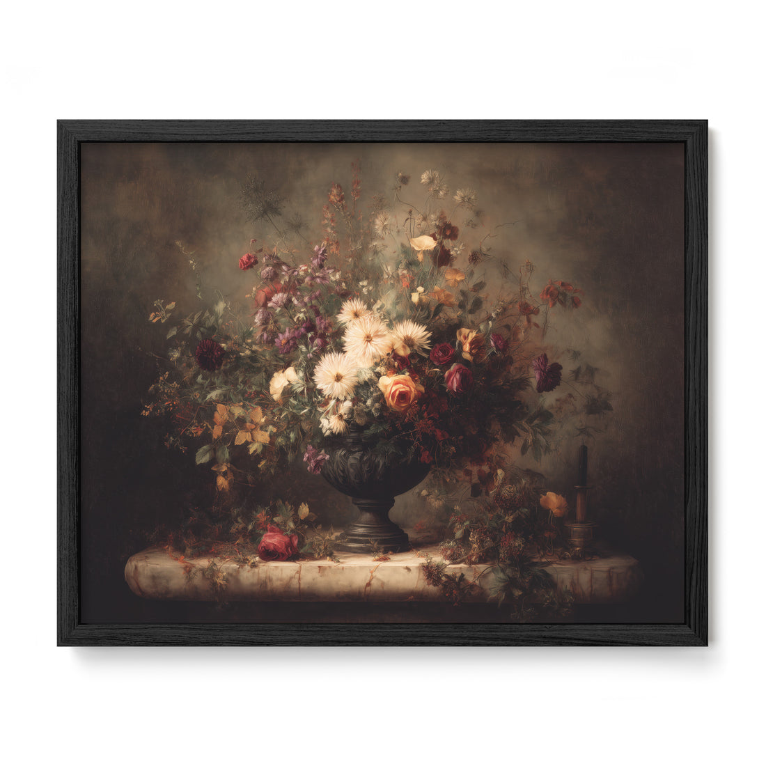 black framed moody floral still life wall art print