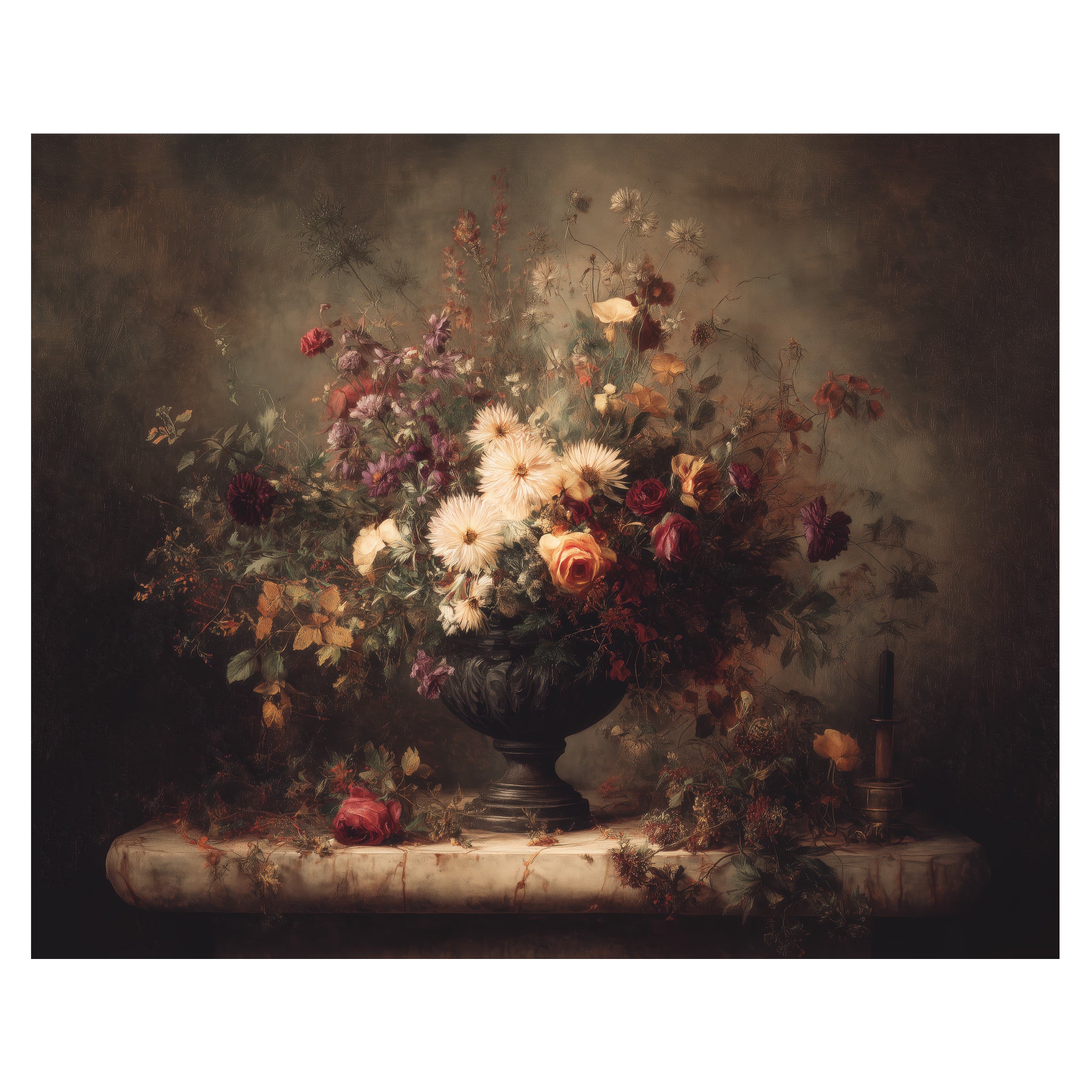 moody floral still life wall art print with bouquet resting on stone table