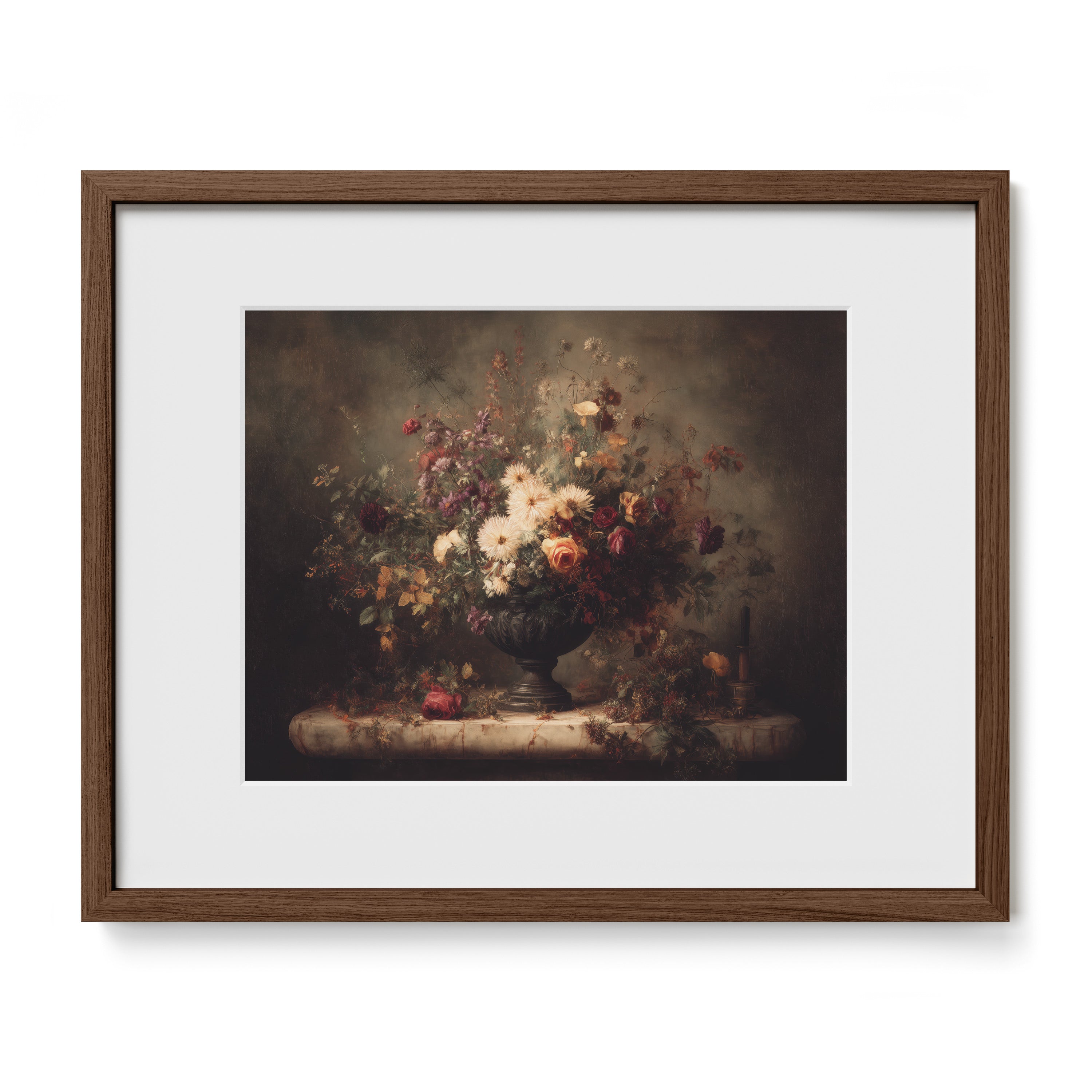 walnut framed dark floral wall art print with mat