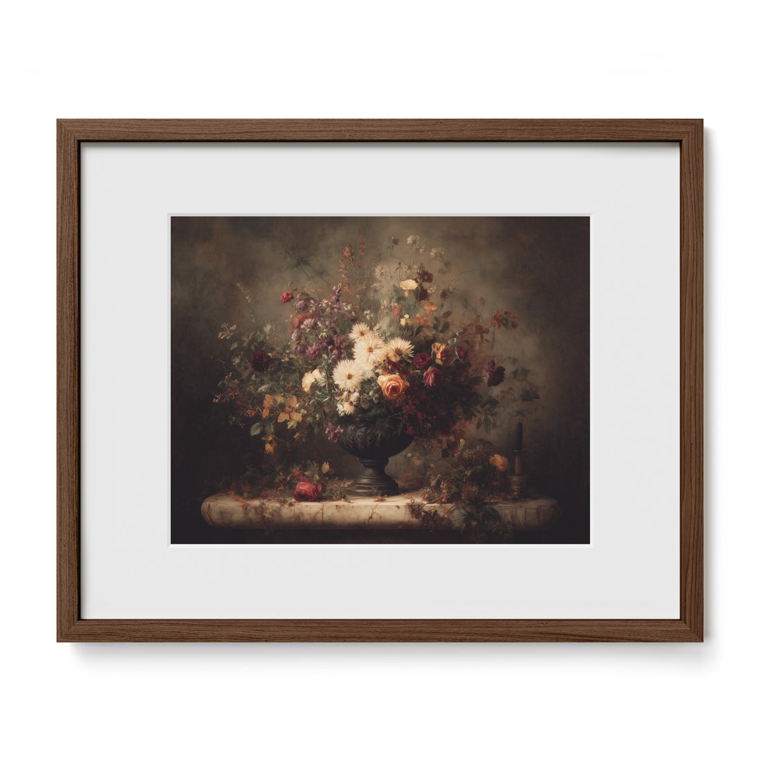 walnut framed dark floral wall art print with mat